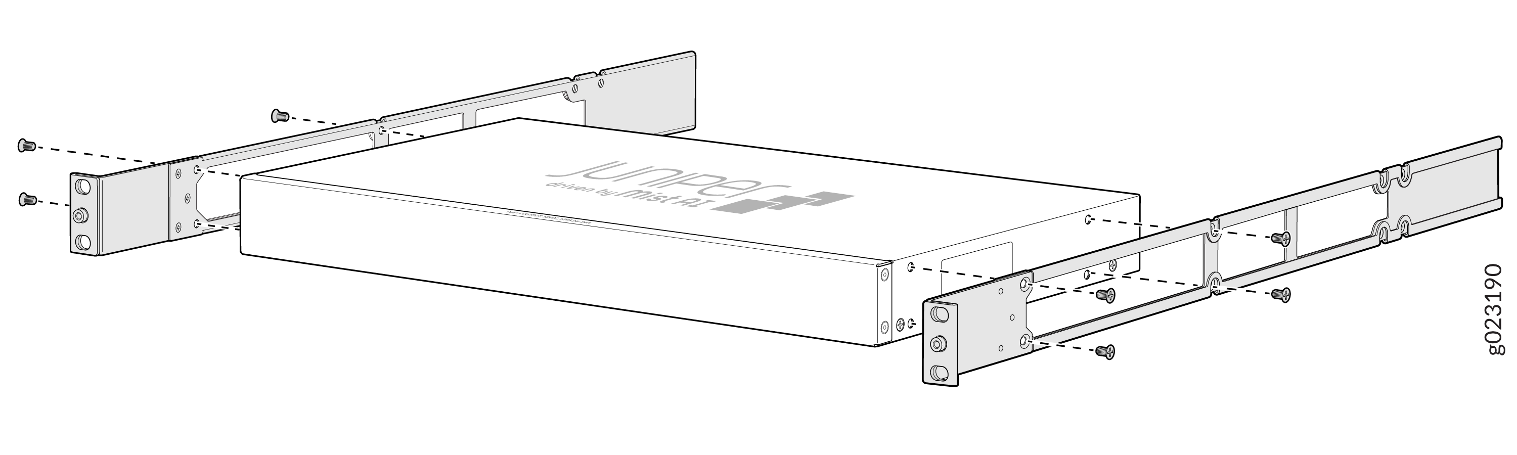 Rack-mount installation of a Juniper Networks device with brackets and screws for a 19-inch equipment rack.