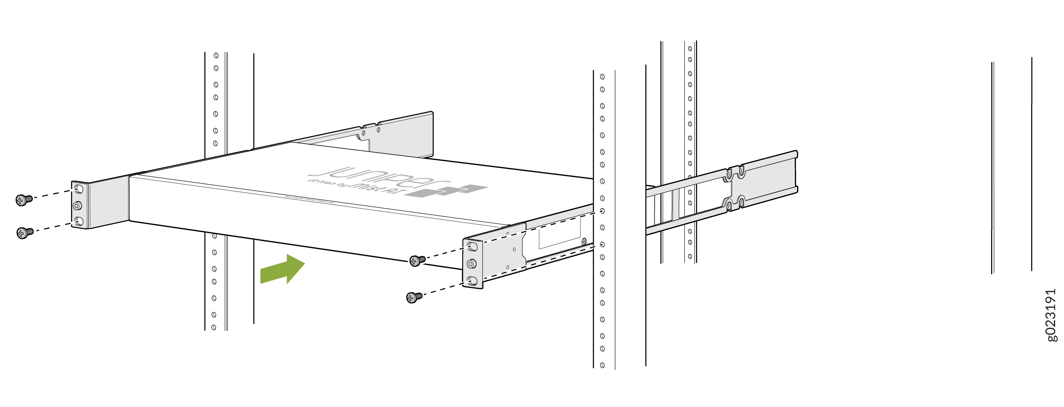 Juniper device installation in a server rack with screws, brackets, and sliding rails. Green arrow indicates direction.