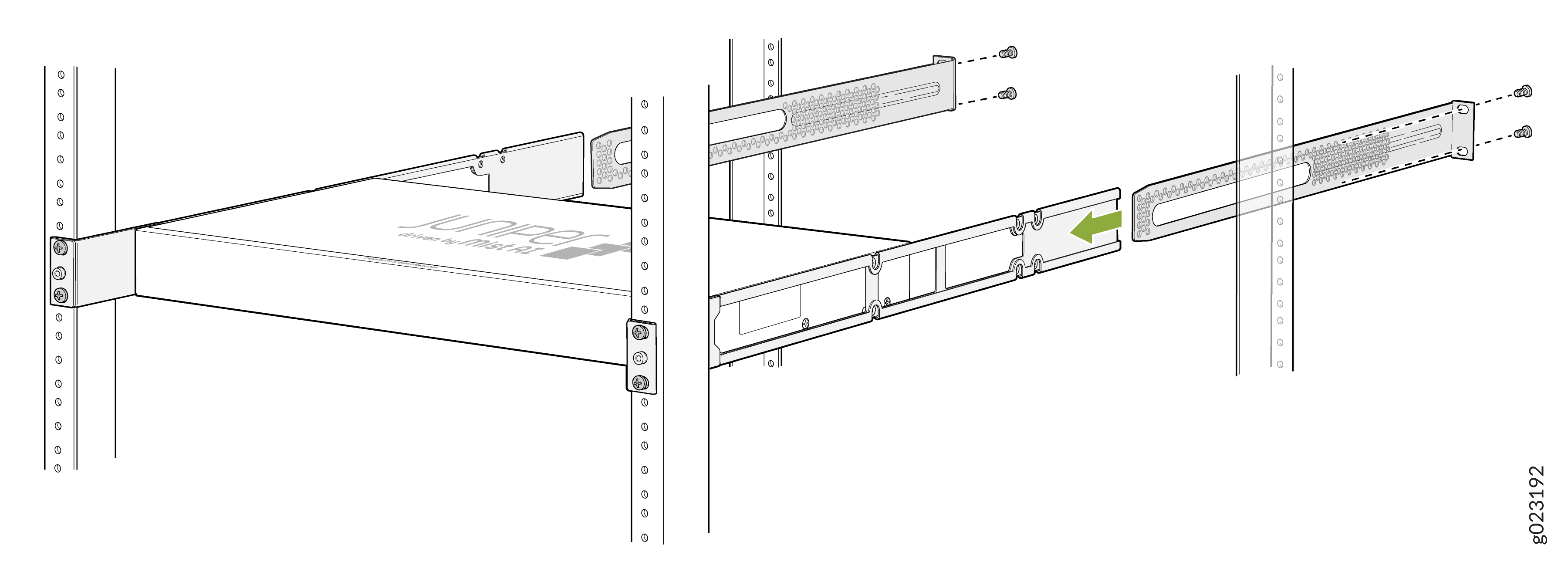 Rack-mounted device installation with sliding rails and screws, green arrow shows sliding direction for networking hardware.