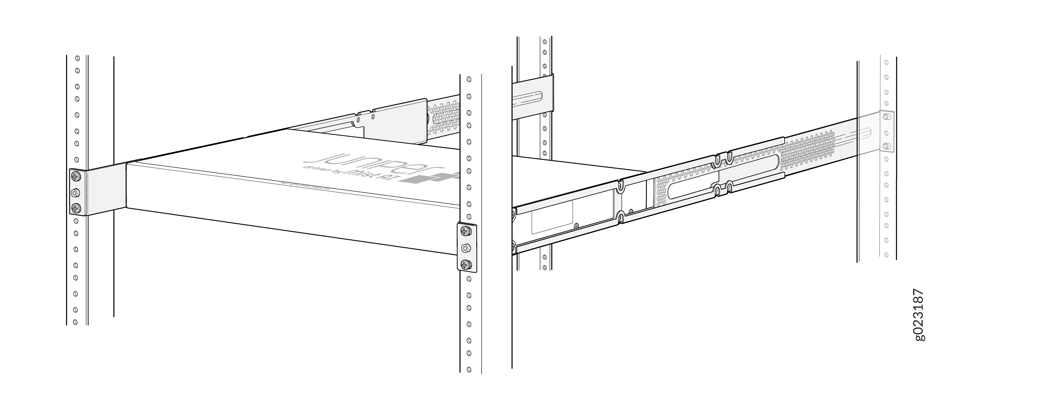 Juniper Networks rack-mounted server with ventilation perforations and mounting brackets in a rack system.