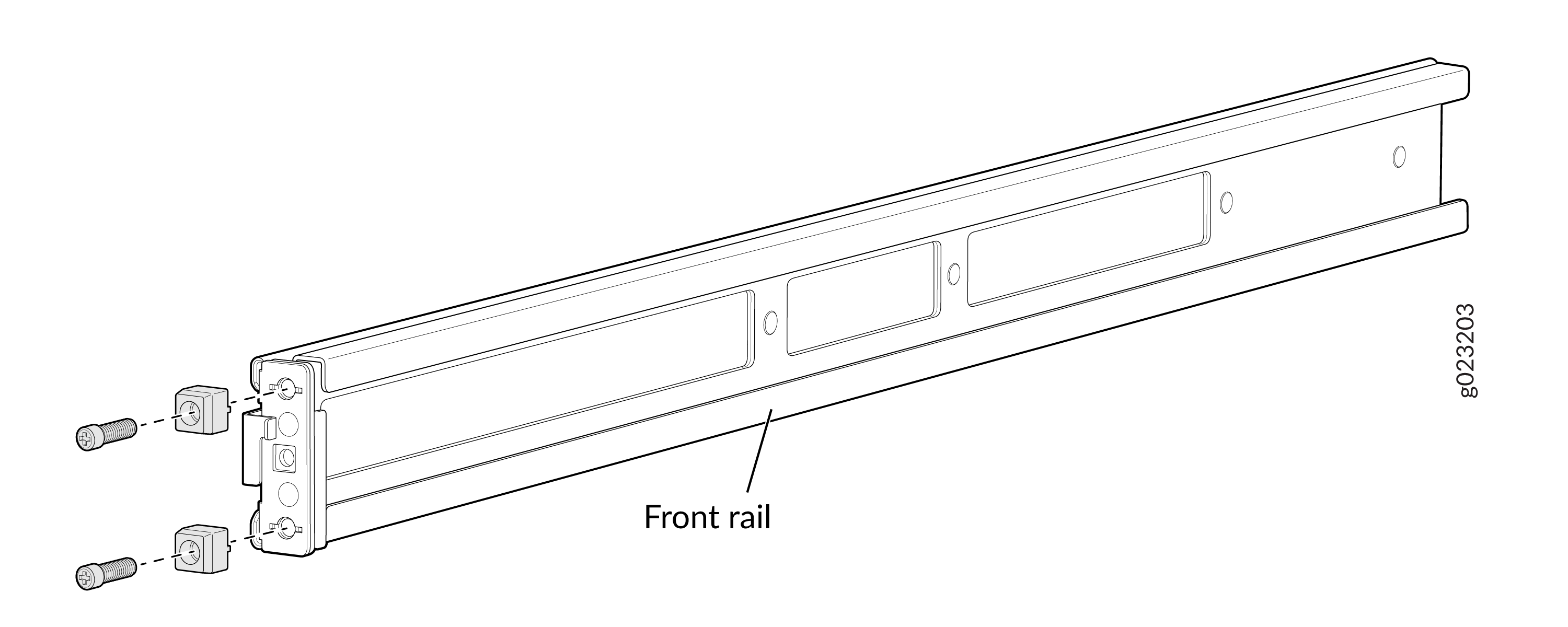 Labeled diagram of a front rail with two screws and square nuts for fastening in equipment racks or industrial frameworks.
