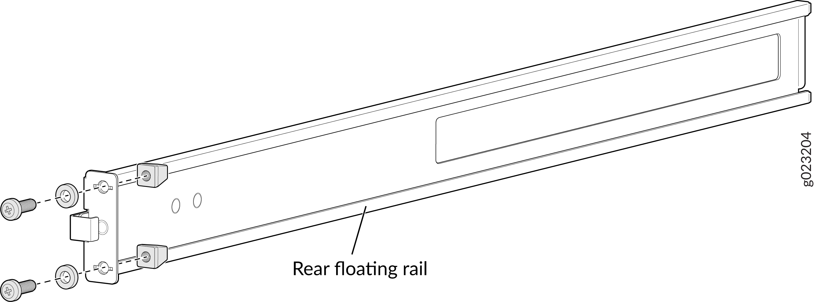 Rear floating rail with mounting brackets and screws for securing equipment in a rack.