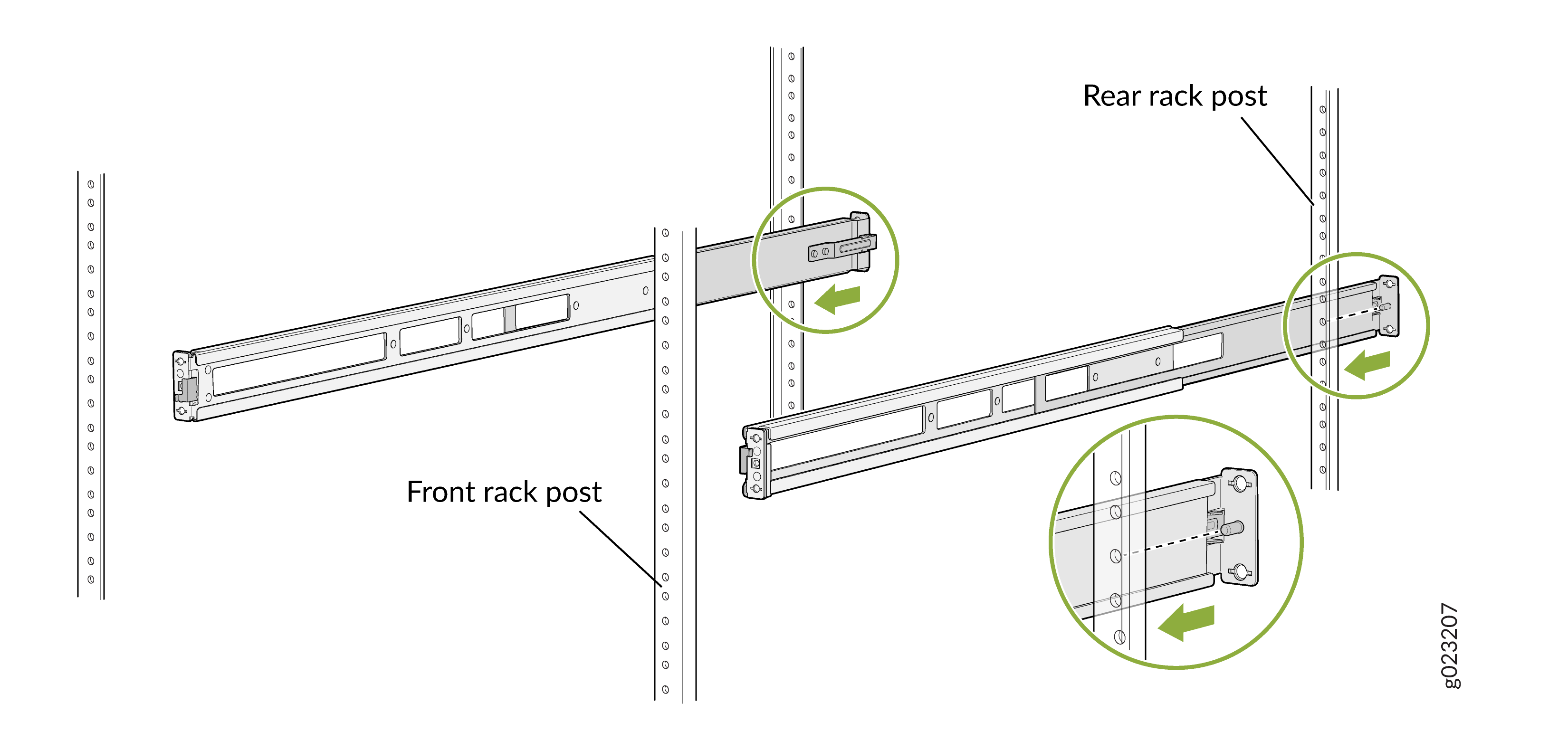 Rack rails being attached to front and rear server rack posts with green arrows indicating insertion direction.