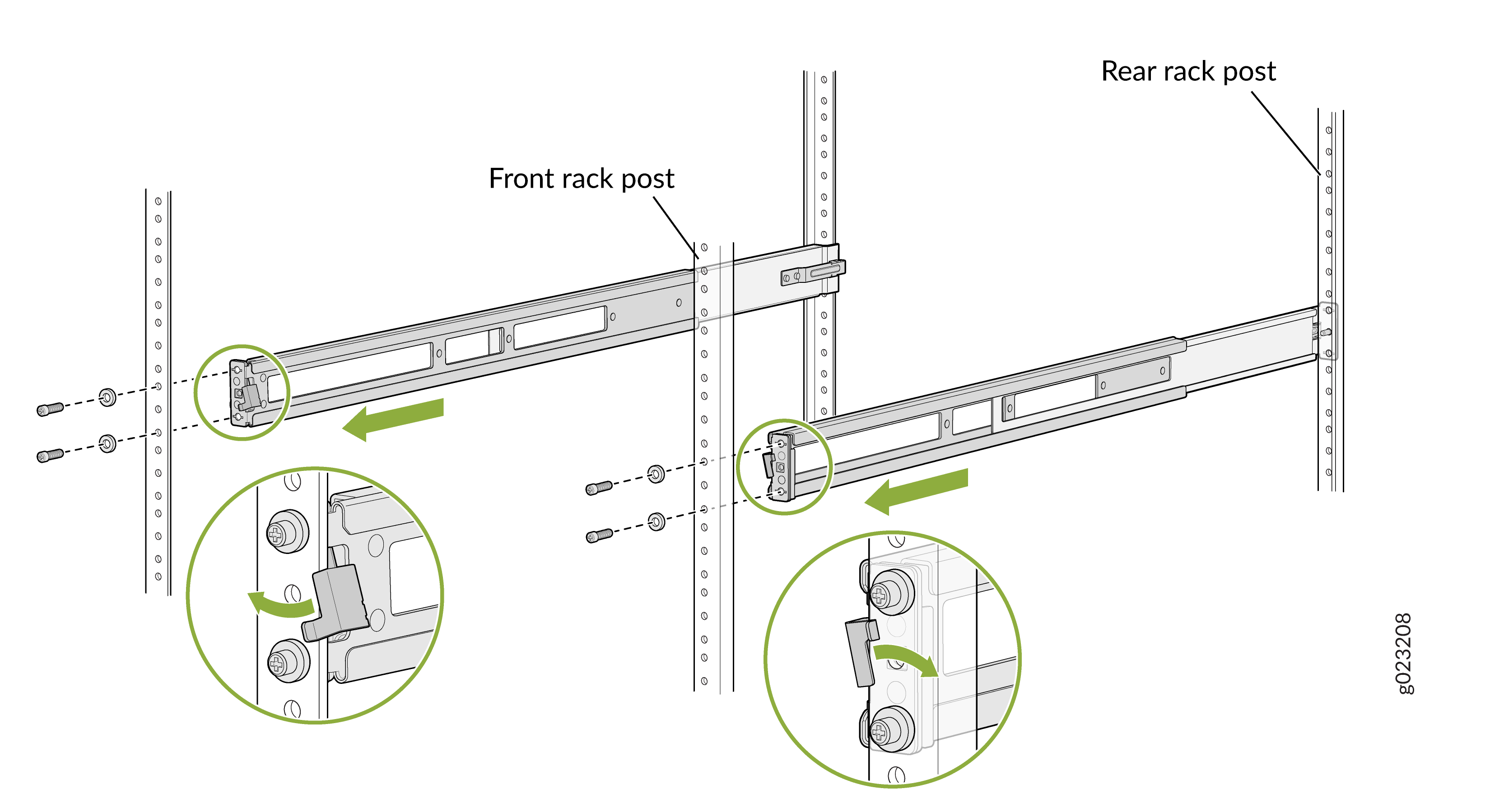Rack rails installation on server rack with screws and washers securing rails to front and rear posts; green arrows show direction of installation.