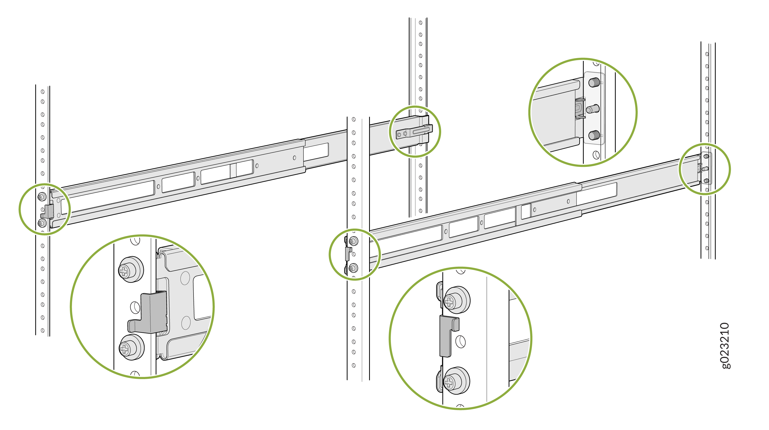 Rack-mount rail system installation showing attachment points with green circles highlighting screws, clips, and brackets.