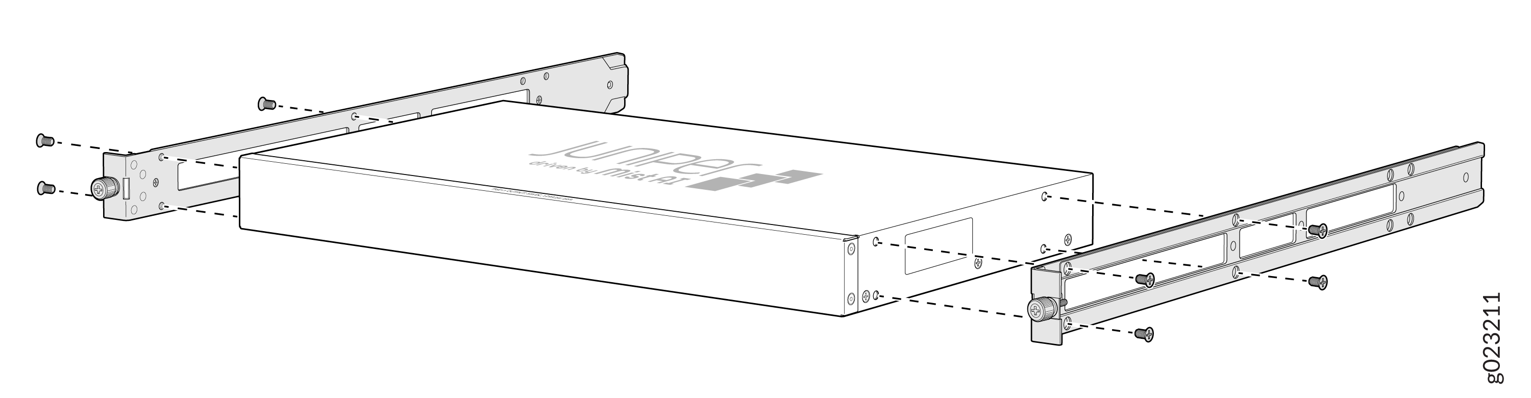 Rack-mount installation diagram for a Juniper Networks device with brackets and screws for standard equipment rack mounting.