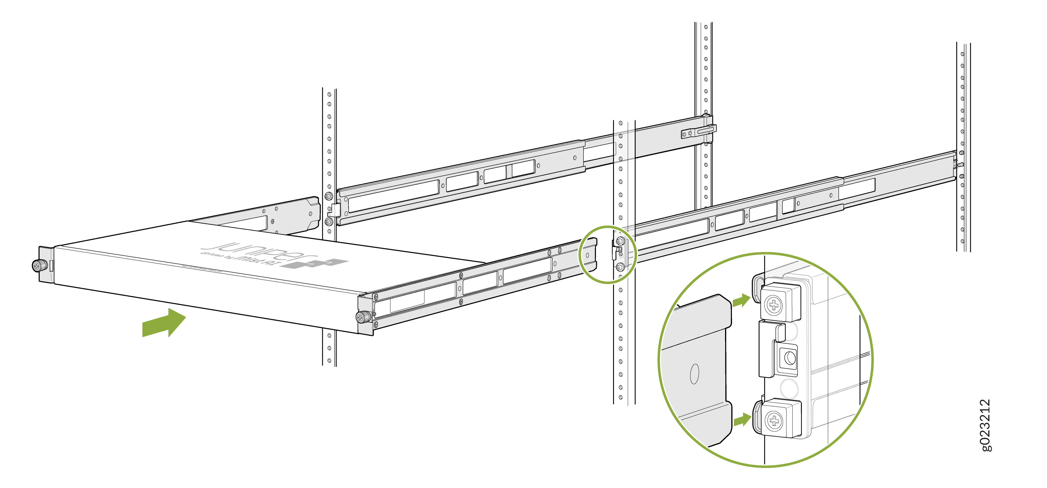 Installing a rack-mounted device with arrows showing movement and attachment points using screws or fasteners.
