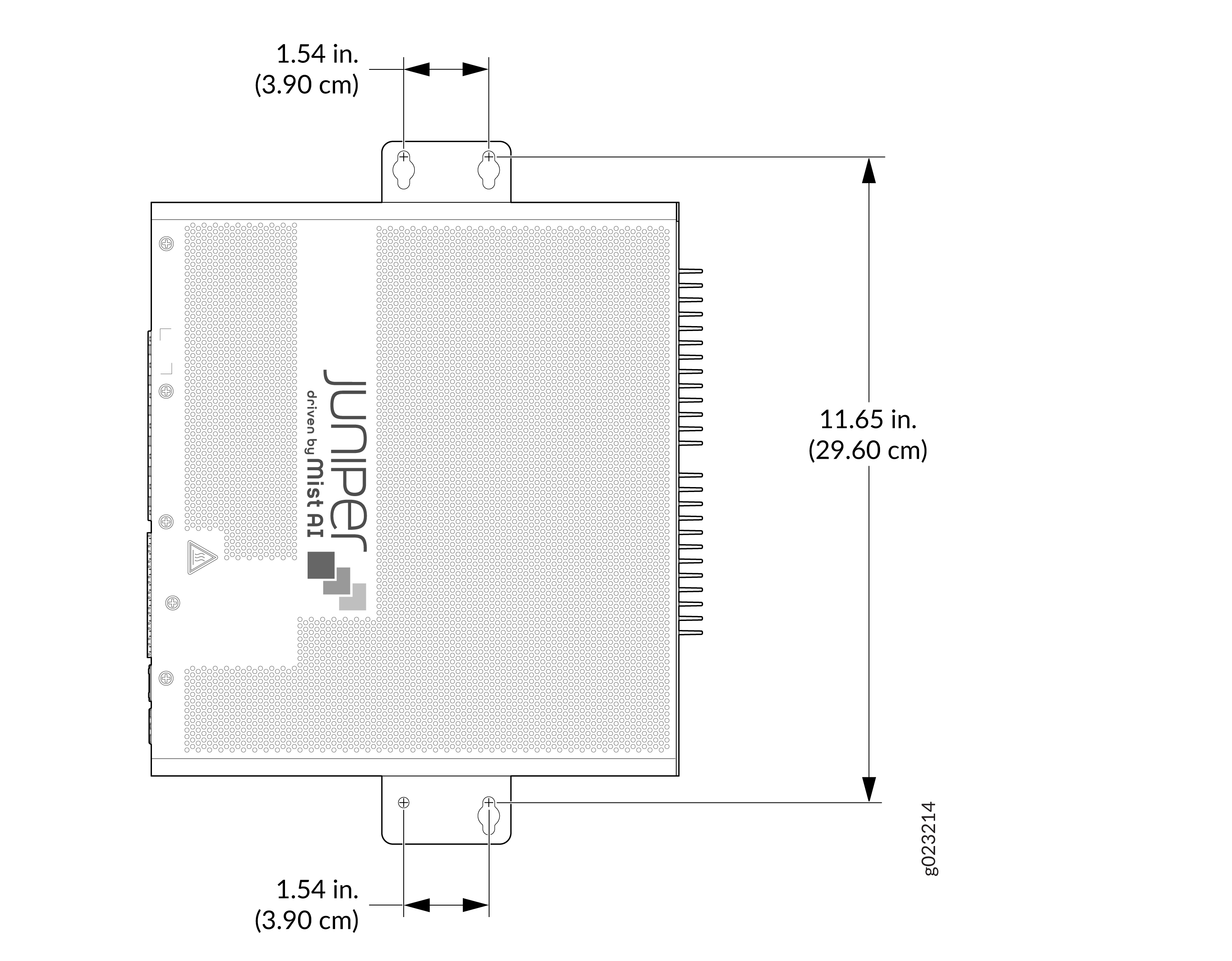 Juniper driven by Mist AI device diagram with height 11.65 inches and width 1.54 inches.