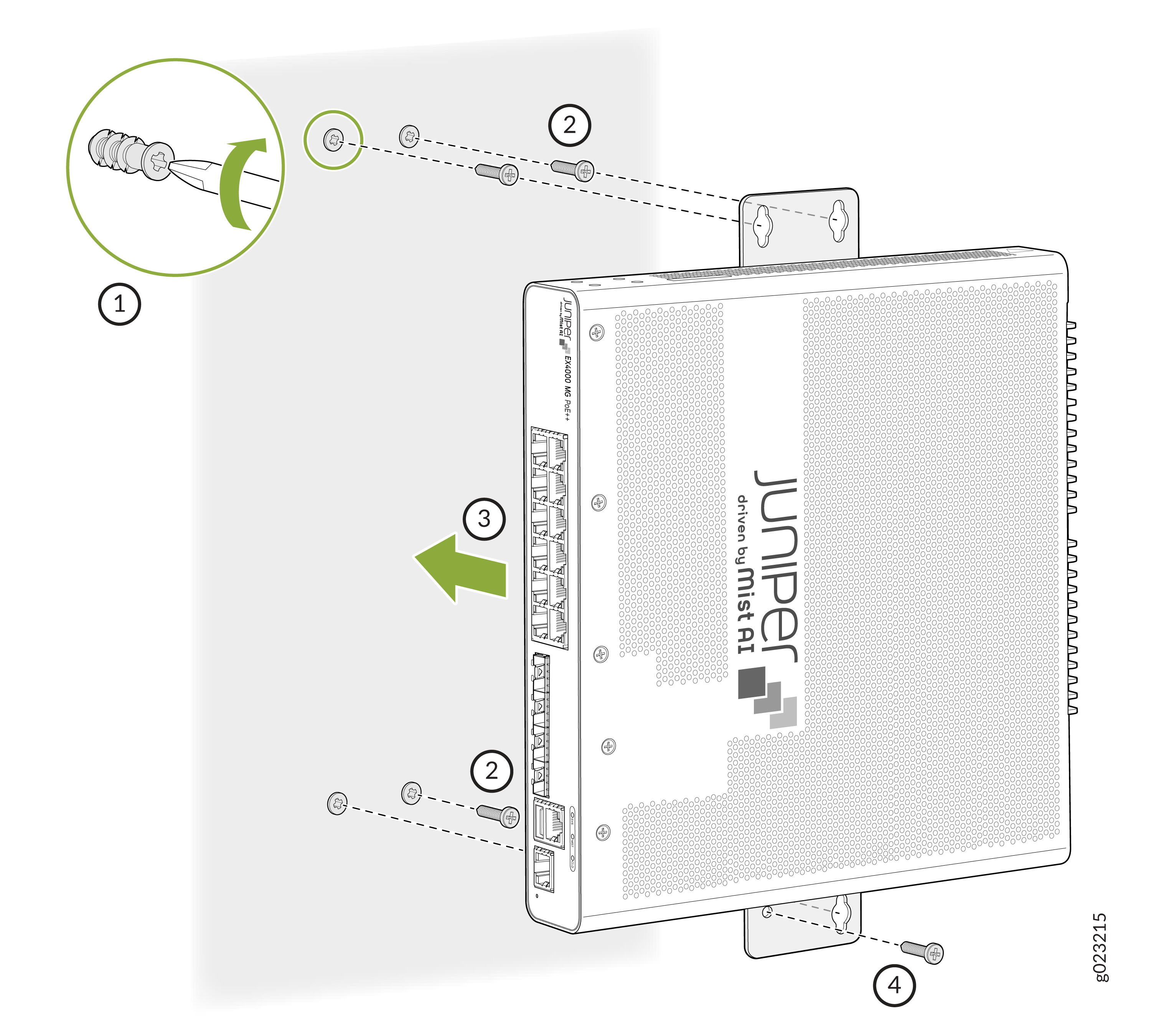 Installation steps for Juniper EX4100 switch: 1. Attach screws to wall. 2. Align and secure device. 3. Position on screws. 4. Secure in place. Ports highlighted for cable connections.