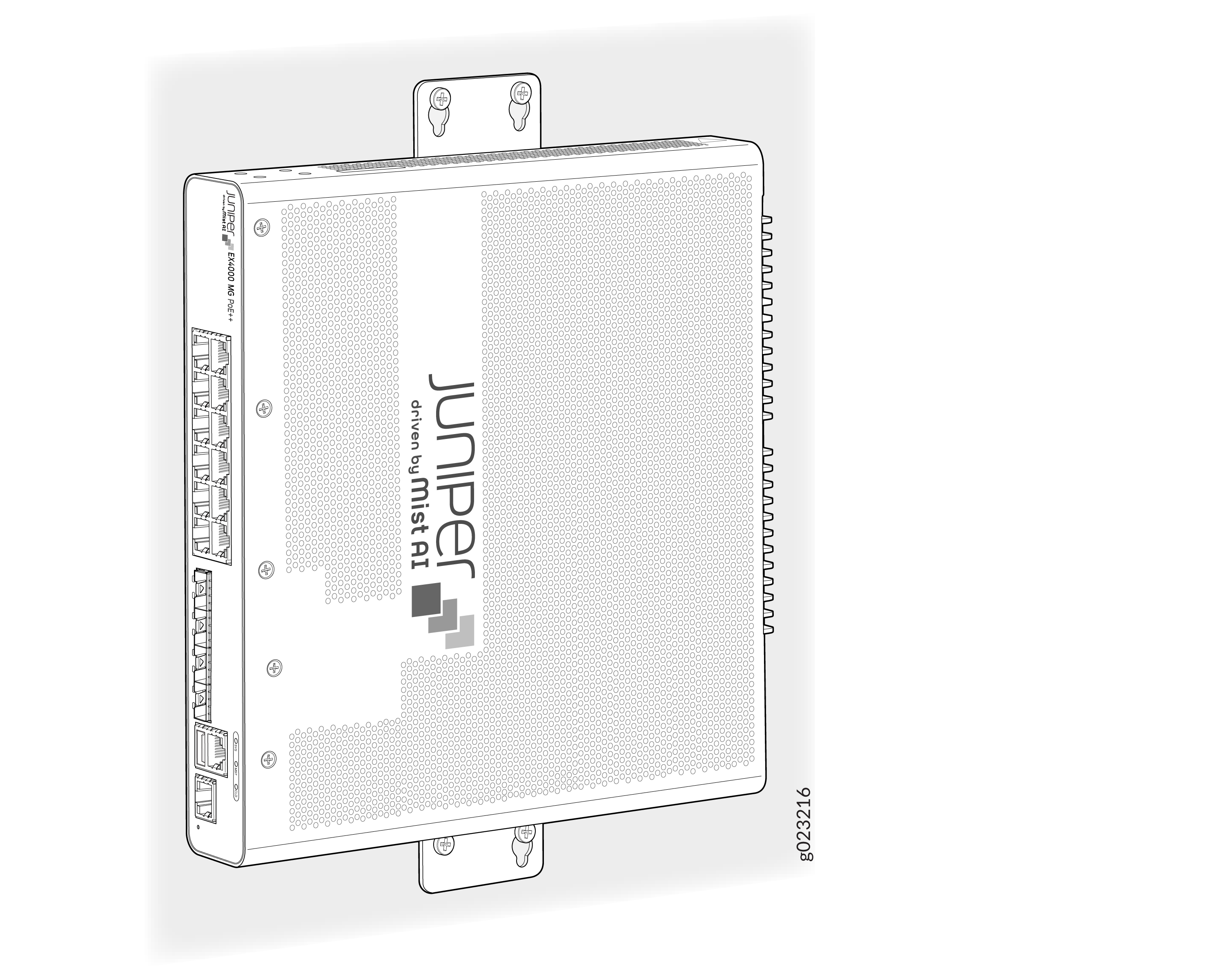 Juniper Networks switch with Mist AI branding and multiple Ethernet ports for network management.
