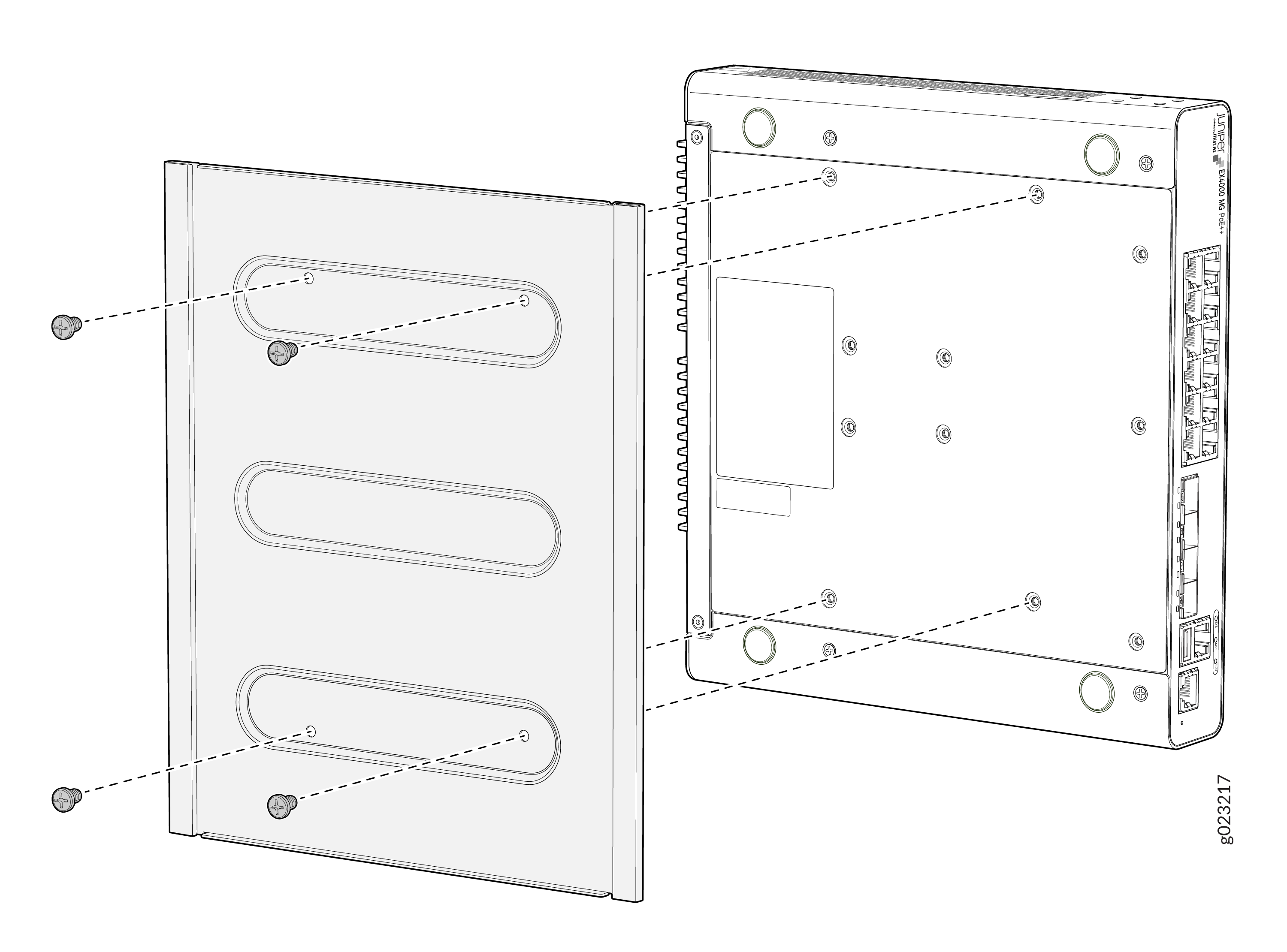 Exploded diagram of a network device showing back panel attachment to main body with screws, highlighting Ethernet ports.