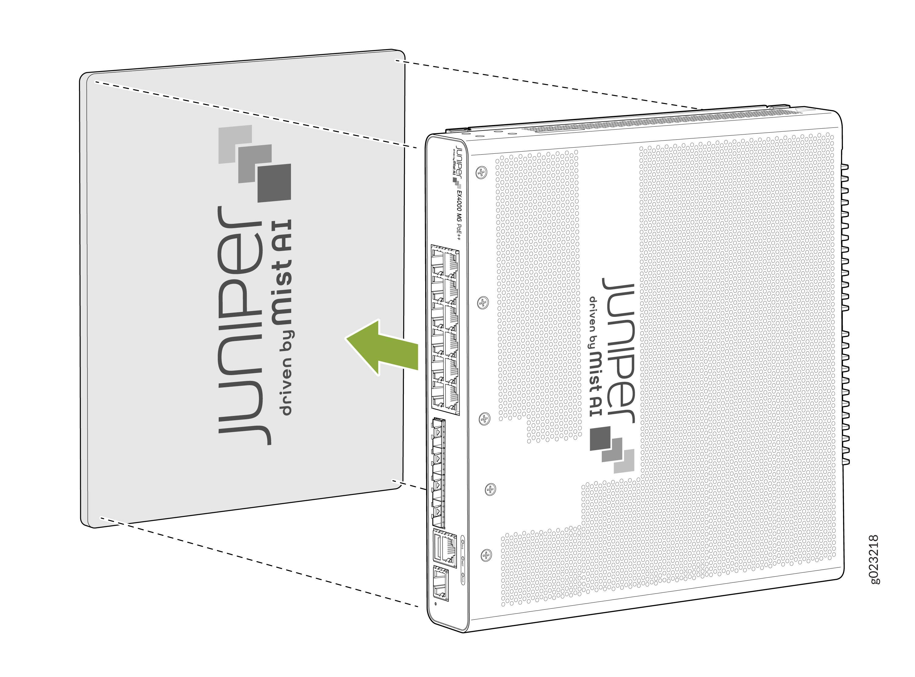 Juniper Networks device with ports and connectivity features driven by Mist AI technology, green arrow indicates interaction.