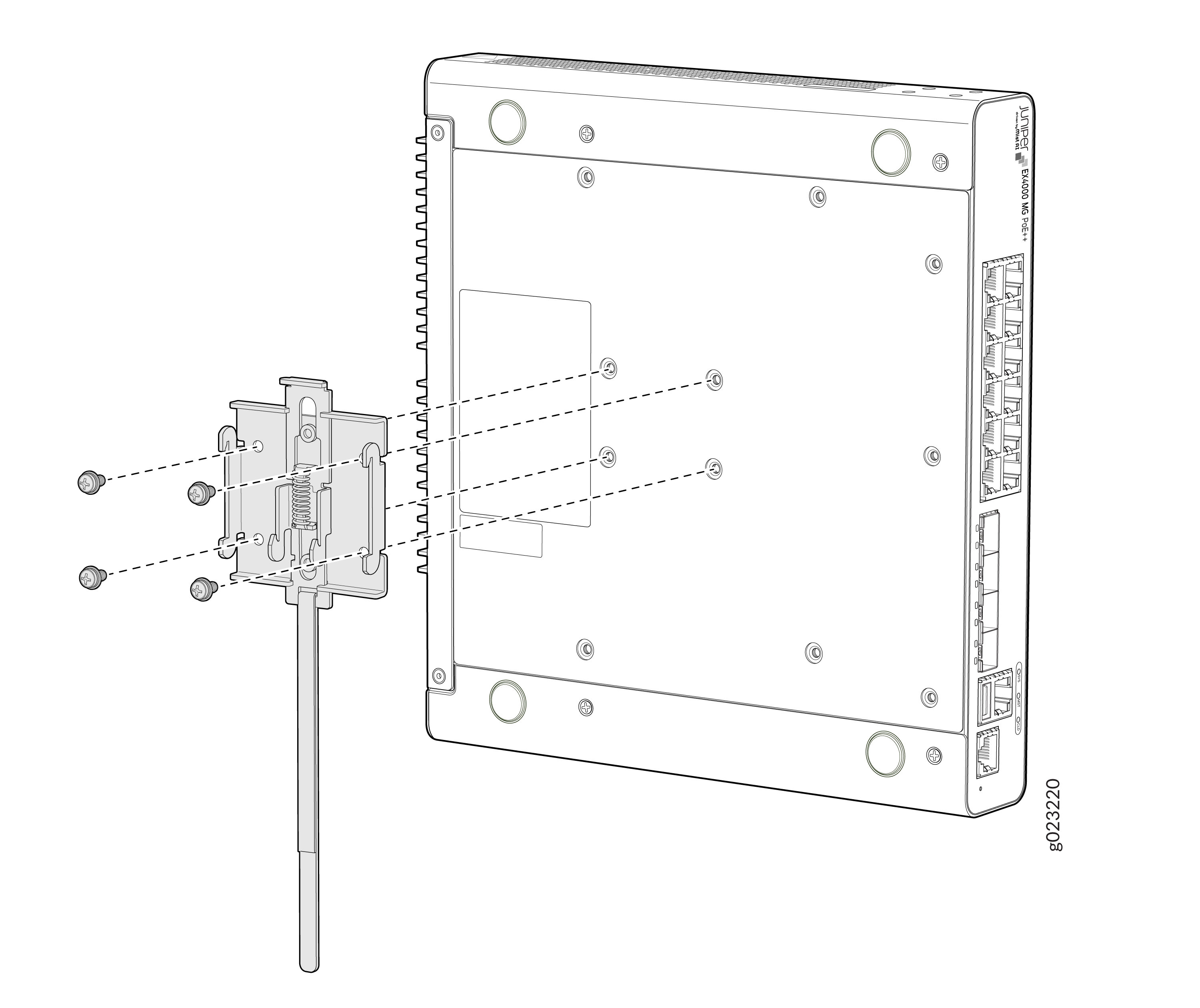 Mounting bracket being attached to the back of a network switch with screws; Ethernet ports visible on the right.