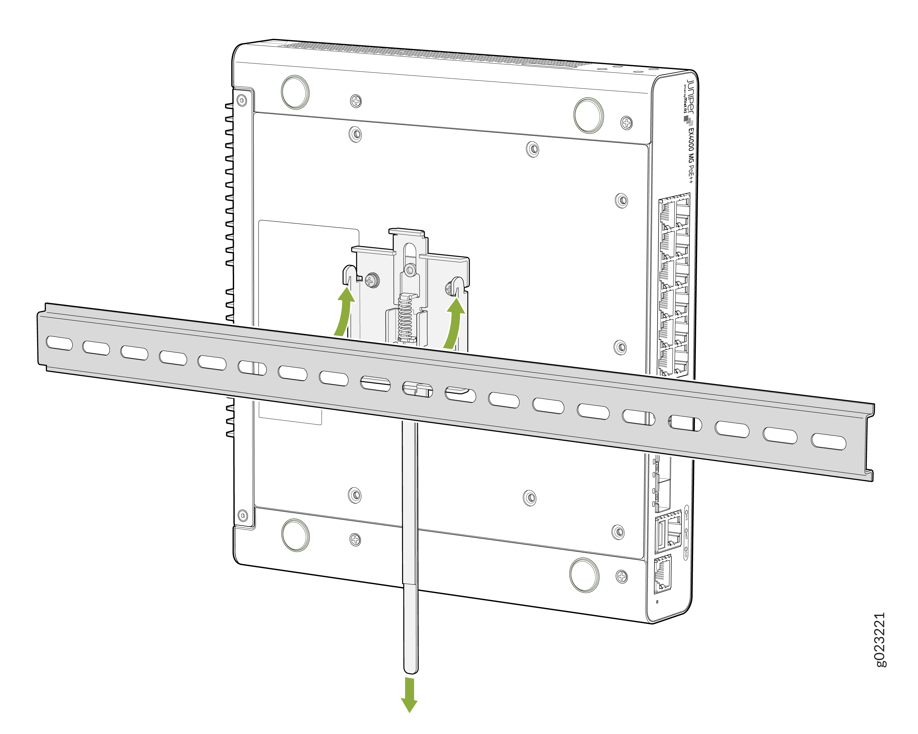 Installation illustration of a network switch onto a DIN rail, showing upward arrows for securing the device.