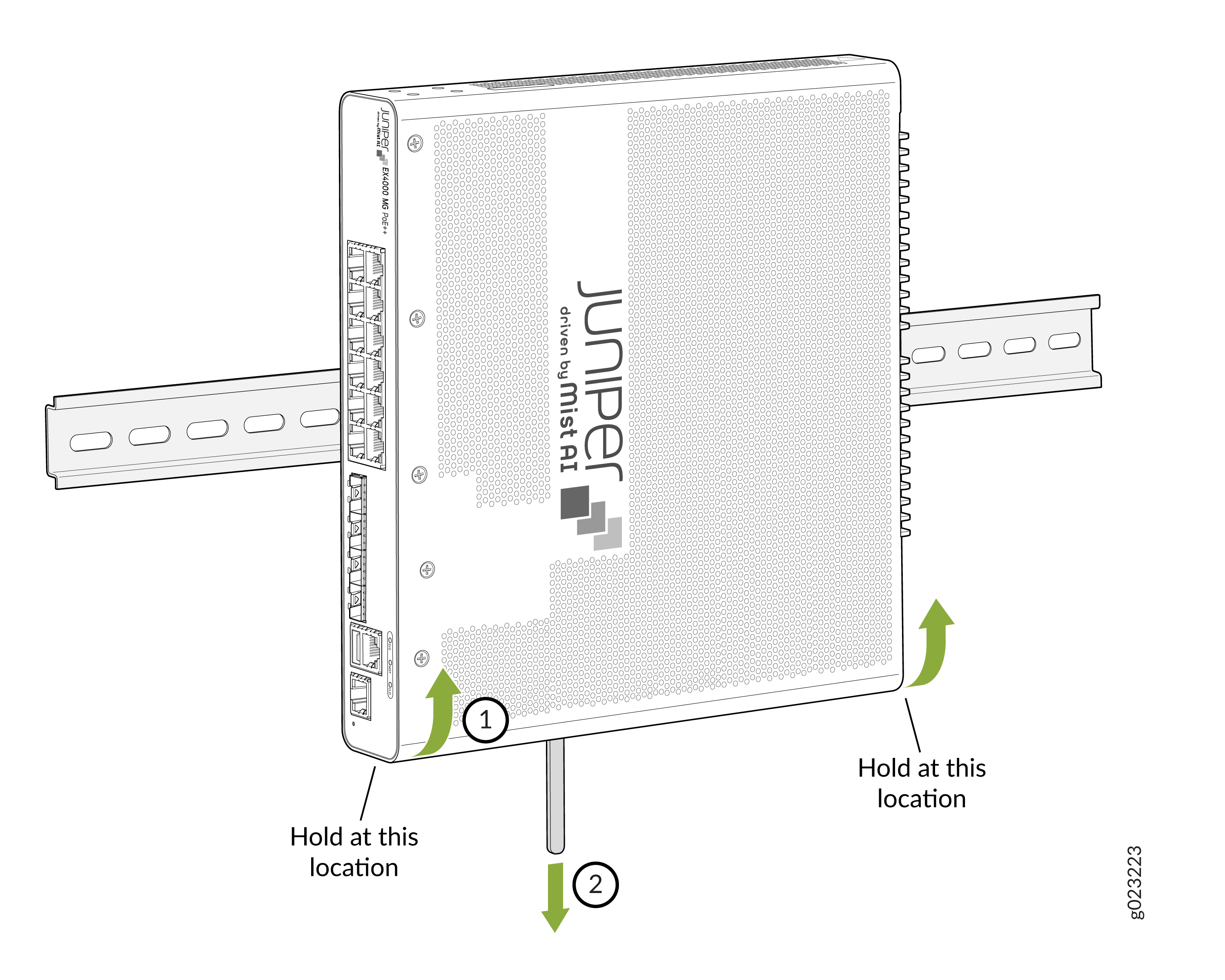 Juniper Networks device on DIN rail with steps to secure it. Labeled Juniper driven by Mist AI for network management.