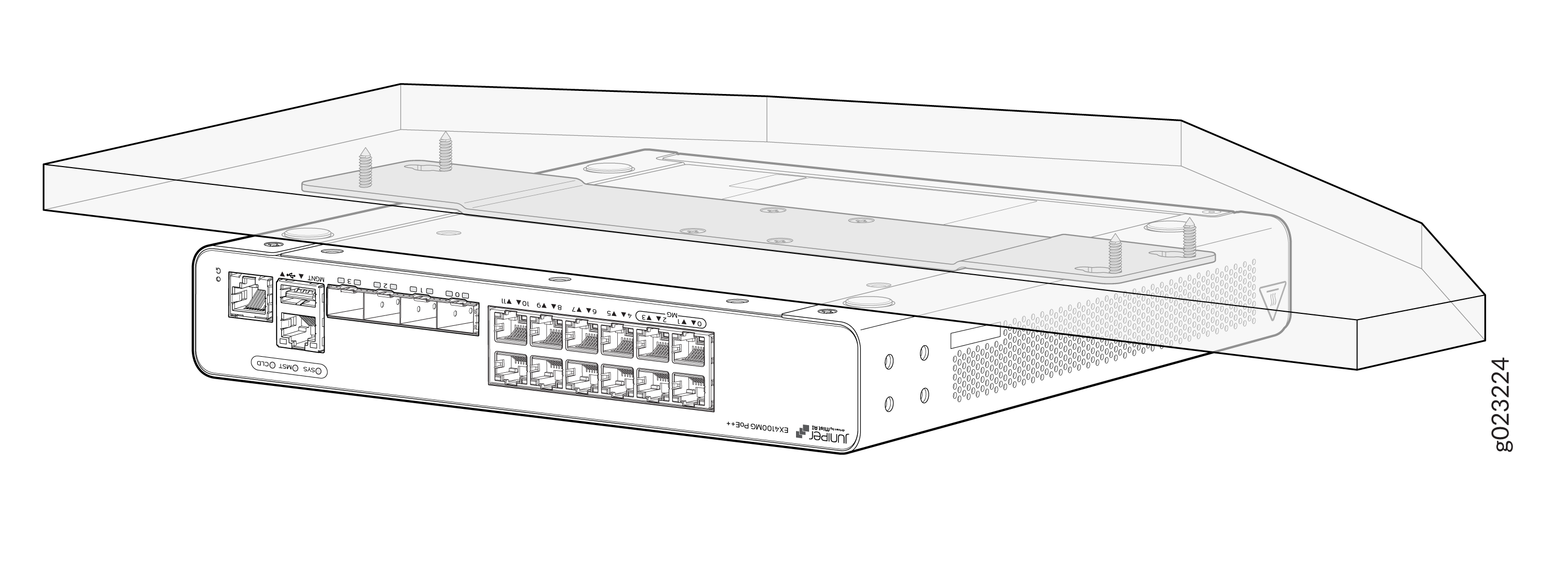 Technical drawing of a Juniper Networks switch with RJ45 and SFP ports, showing a transparent overlay for mounting.