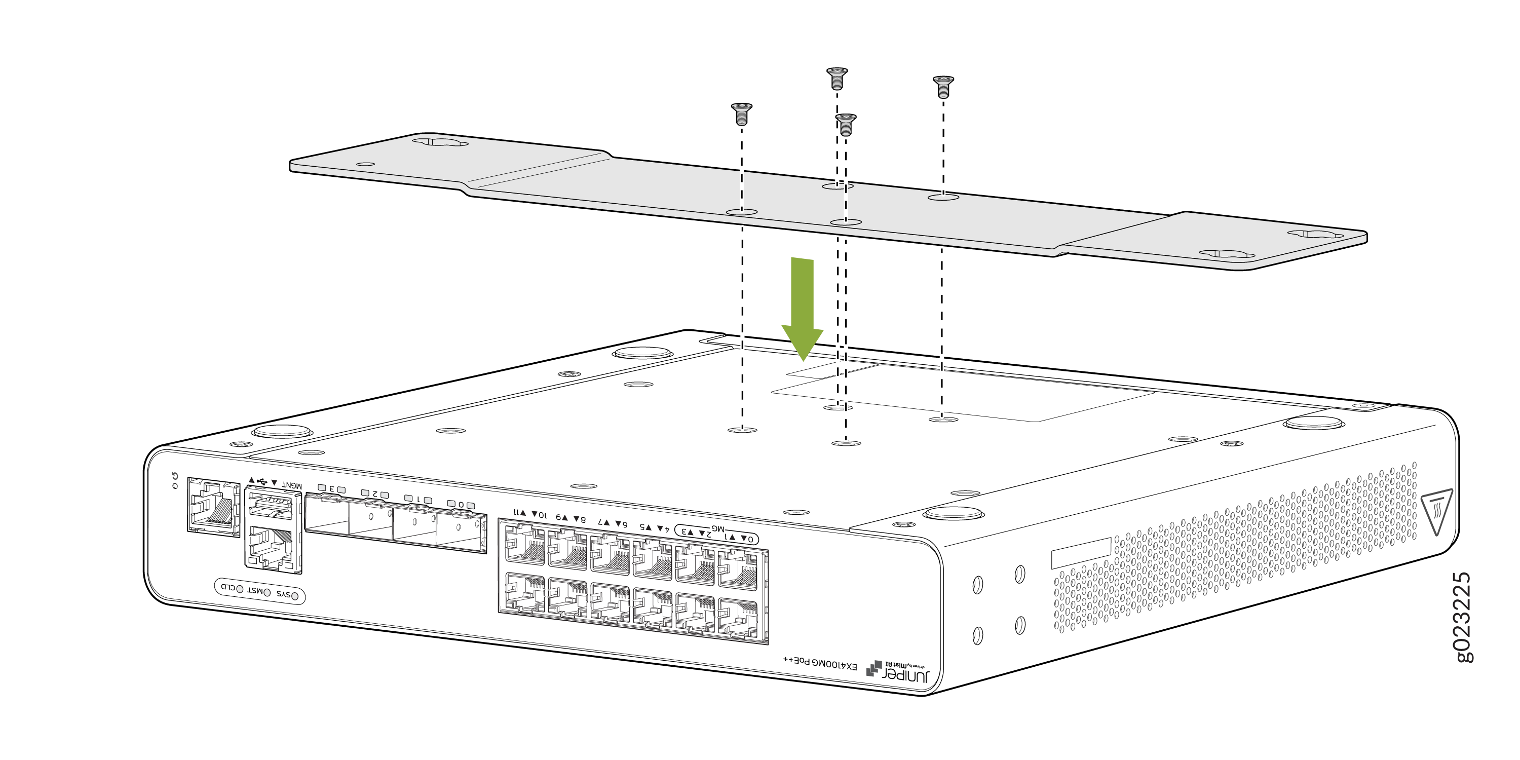 Installing a mounting bracket on a Juniper EX4100-MP PoE++ network switch with screws aligned for attachment.