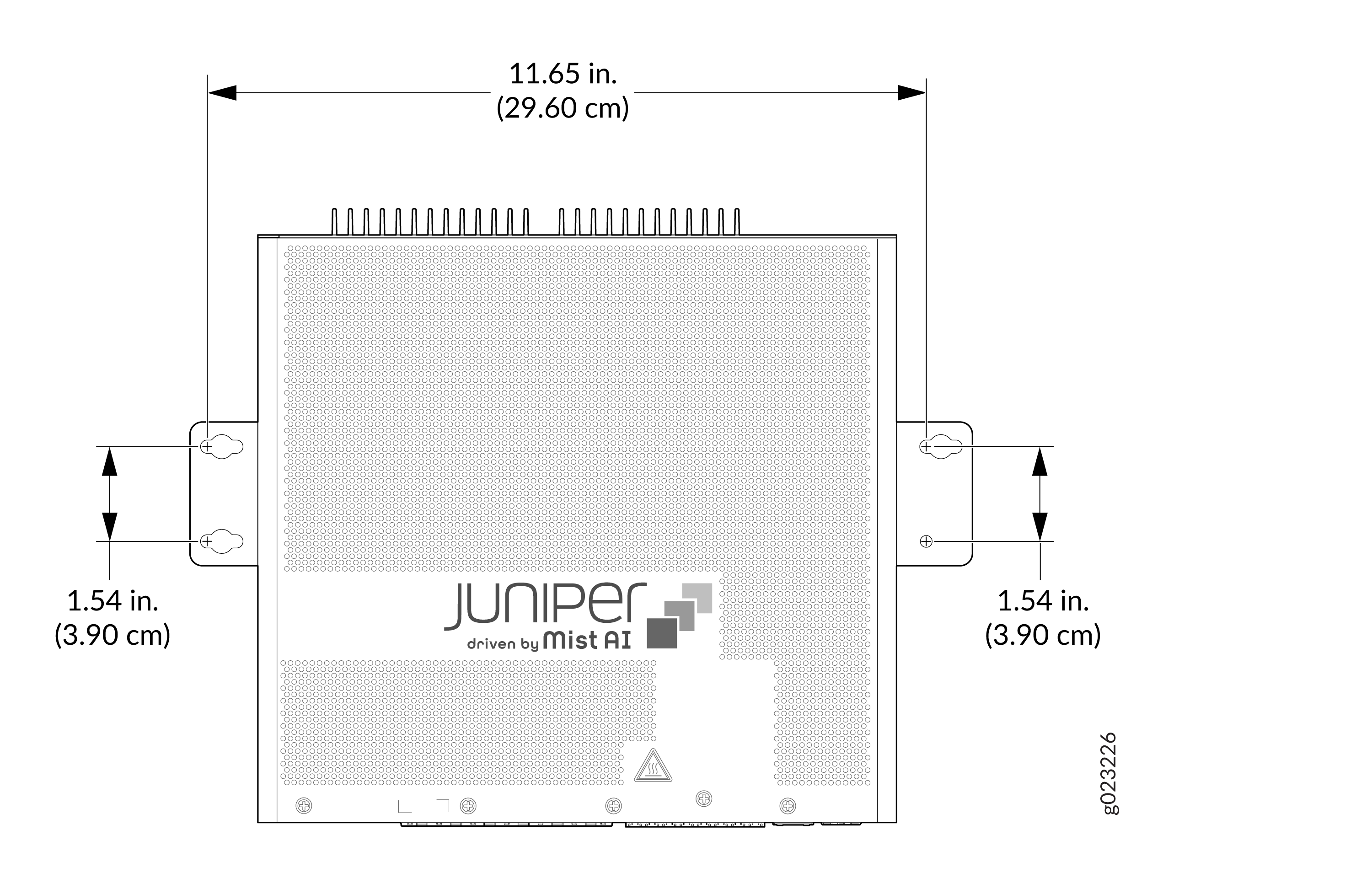 Juniper network device with Mist AI, width 11.65 inches, height 1.54 inches, featuring side mounting brackets and perforated surface for ventilation.