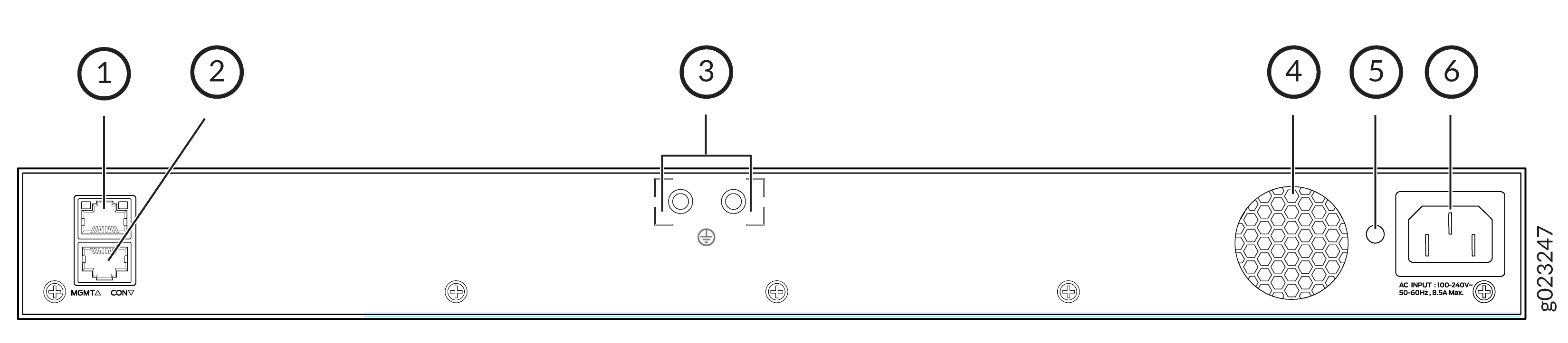 Diagram of a network device's rear panel showing MGMT and CONV ports, grounding point, ventilation, cooling fan, and power input details.