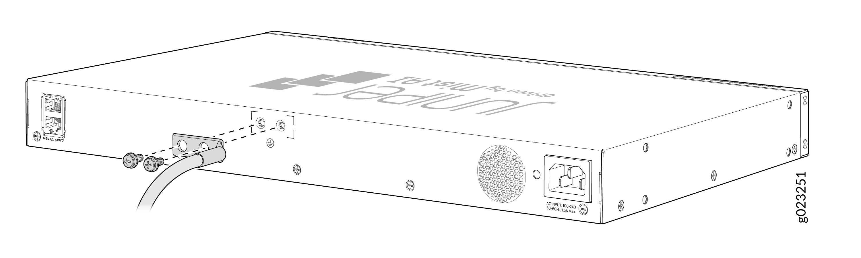 Back panel of Juniper Networks device showing RJ-45 ports labeled MGMT and CON, power input, grounding point, and connected cable.