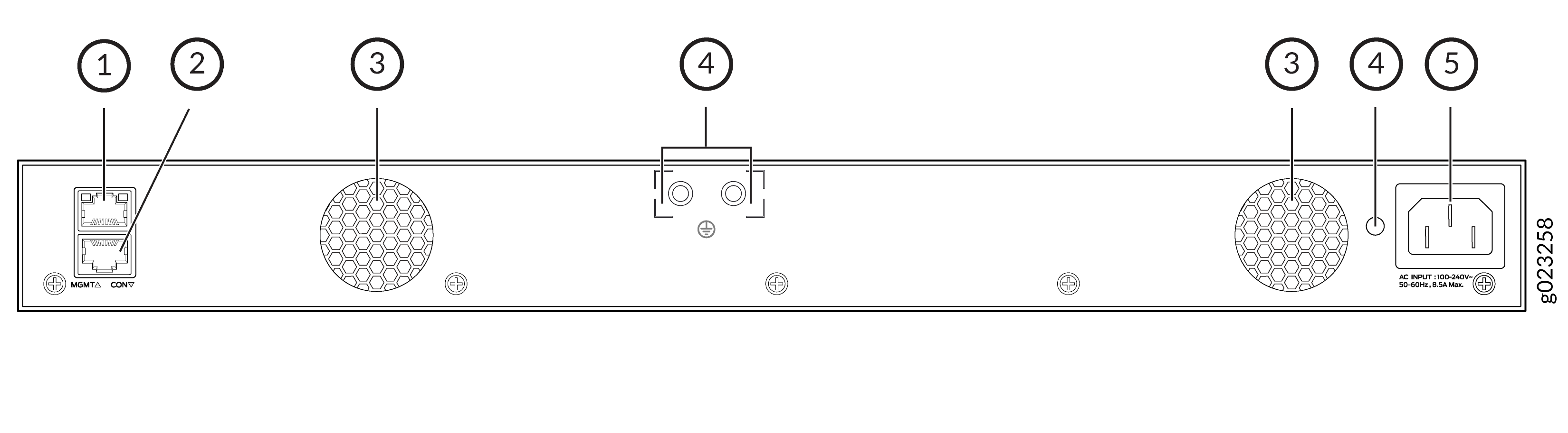 Diagram of network device rear panel showing MGMT port for manaGbEment, CON port for console access, cooling fans, grounding point, AC power input 100-240V 50-60Hz 8.5A.