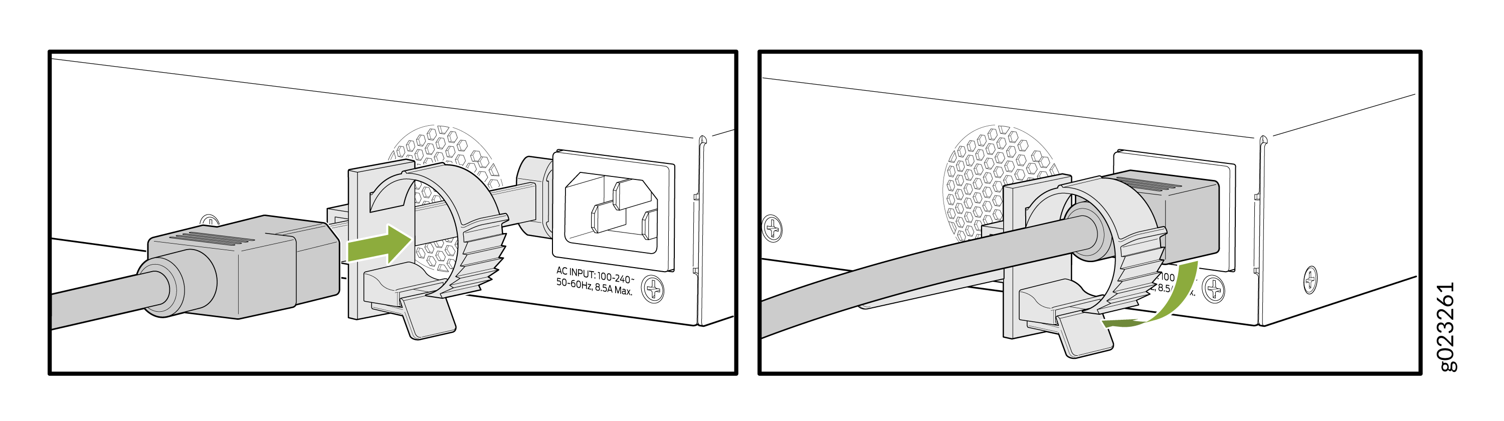 Connecting a power cable: Insert into device socket, secure with clip. AC input 100-240V 50-60Hz max 8.5A.