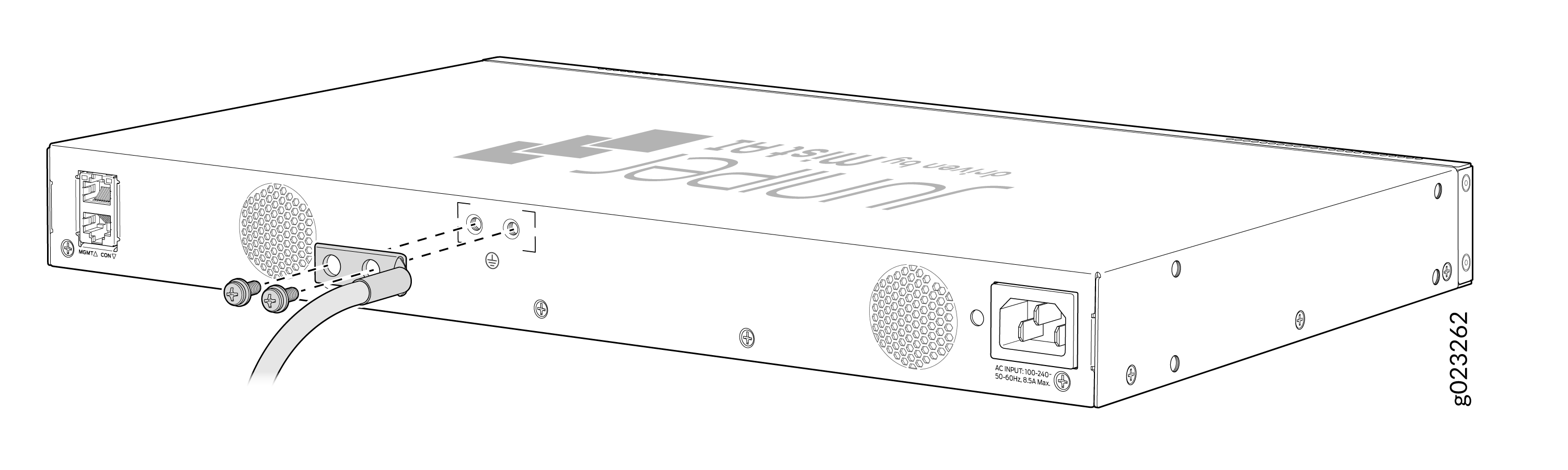 Technical illustration of a network device with MGMT and CON ports, ventilation, AC power input, logo, screws, and connected cable.