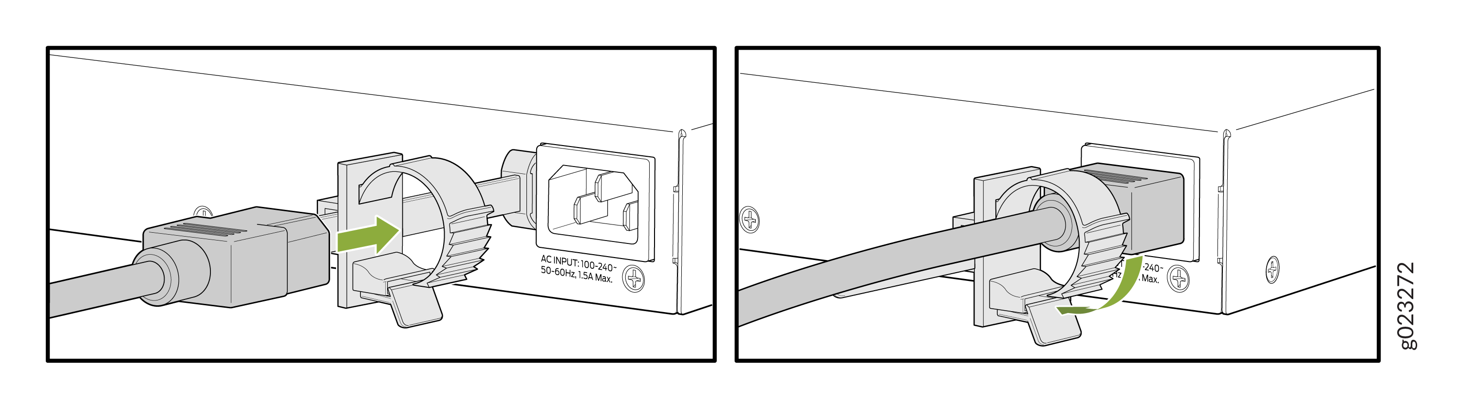 Securing a power cable with a clamp by inserting into input port and rotating to lock. Power input: 100-240V 50-60Hz 1.5A Max.