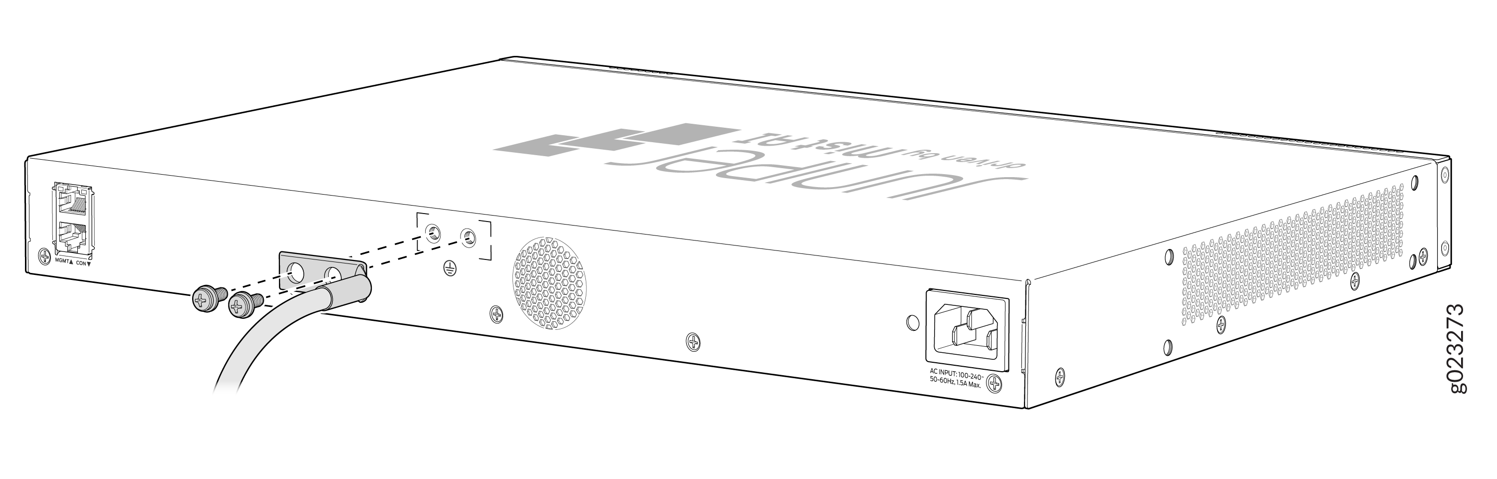 Technical drawing of a Juniper rack-mounted switch with management and console ports, power input, and ventilation grilles driven by Mist AI.