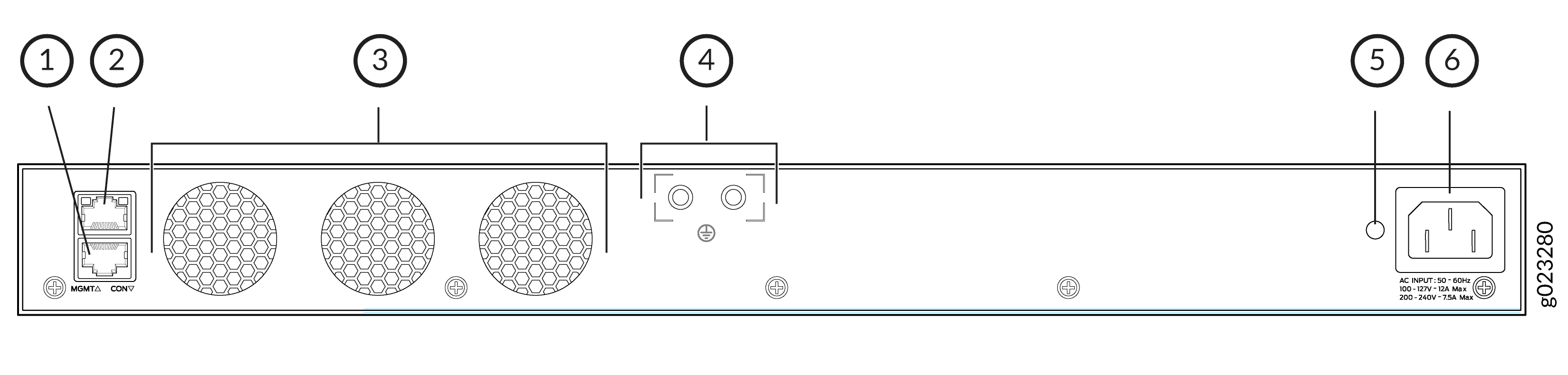 Rear panel of a network device with labeled components: MGMT port, CON port, cooling fans, grounding point, power indicator, and power input.