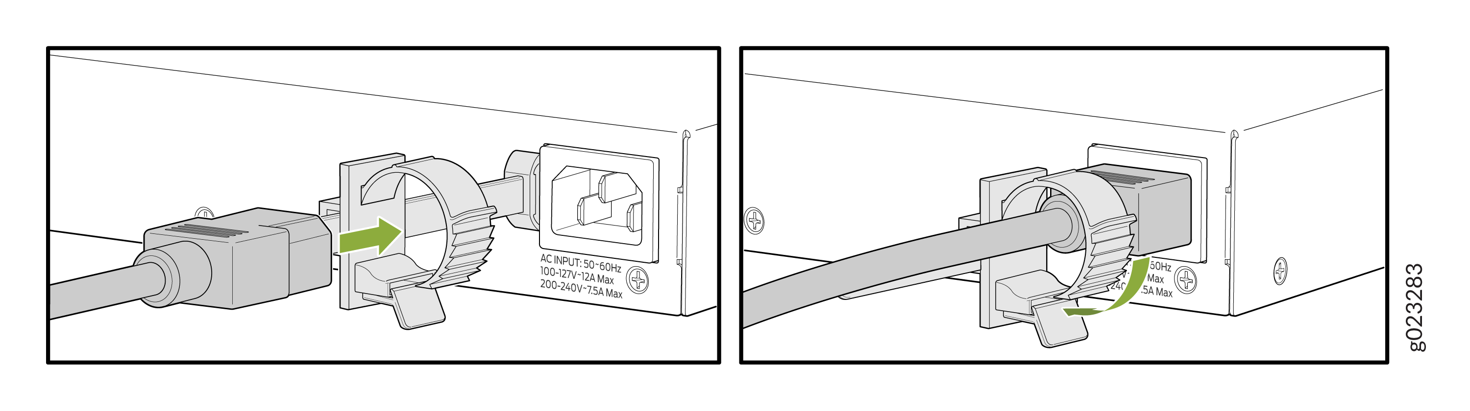 Securing a power cable with a clip; step 1 shows cable positioned near socket with clip open, step 2 shows clip closed around cable.