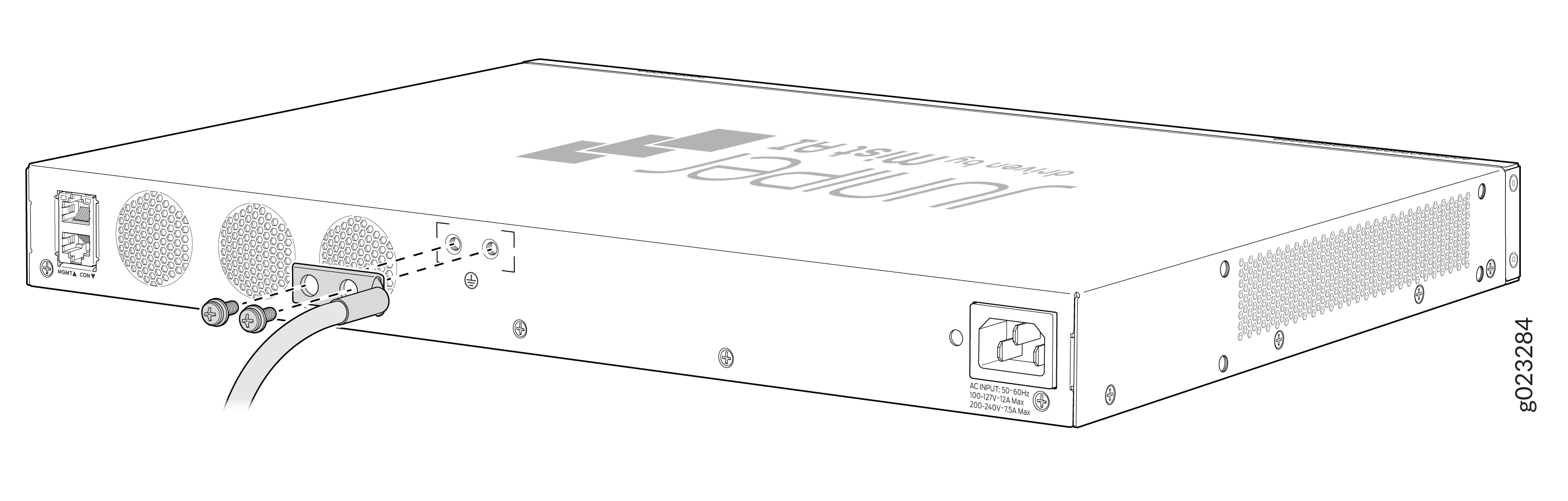 Rear panel of a Juniper Networks device with management and console ports, cooling vents, power input, screws, and grounding cable.