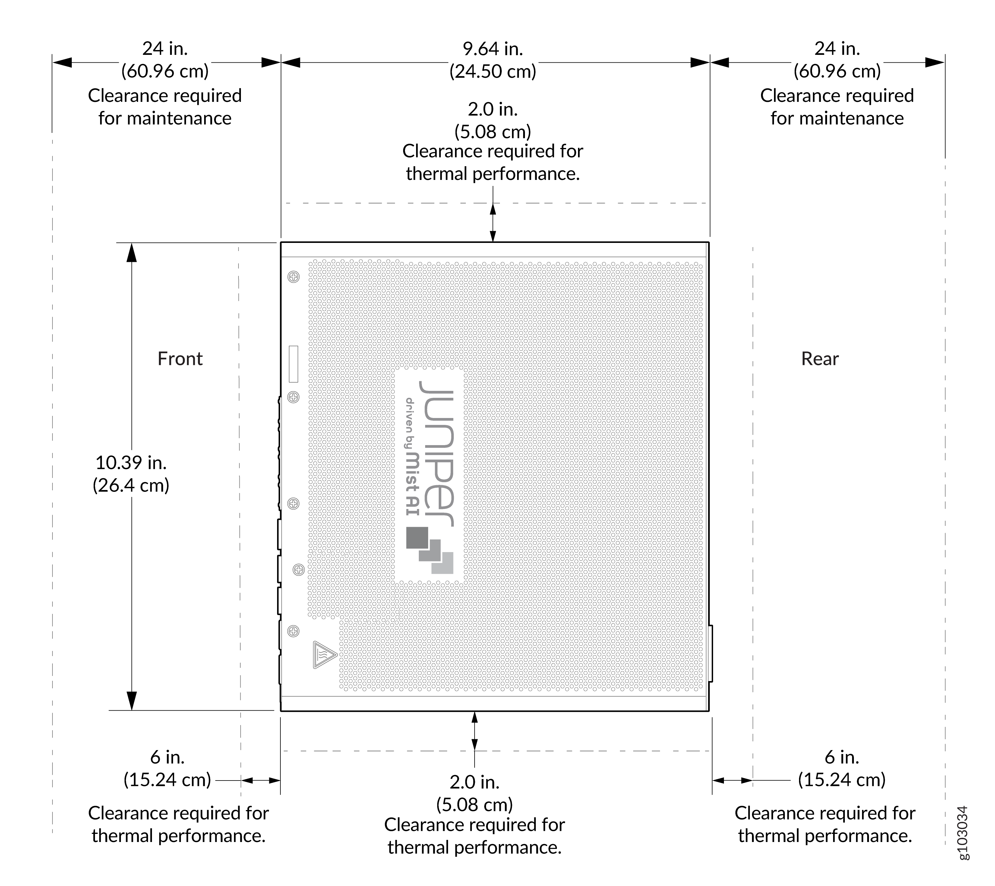 Juniper Networks device diagram with dimensions: Height 10.39 inches, Width 9.64 inches. Clearance: Front/rear 24 inches, Sides 6 inches, Top 2 inches.