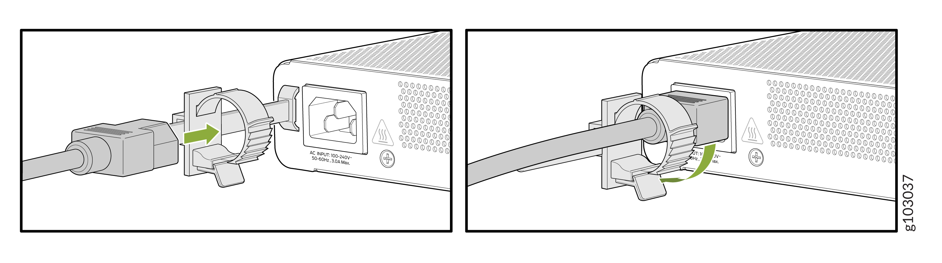 Connecting a power cable to a device: align cable with socket, insert, and lock in place with arrow direction.