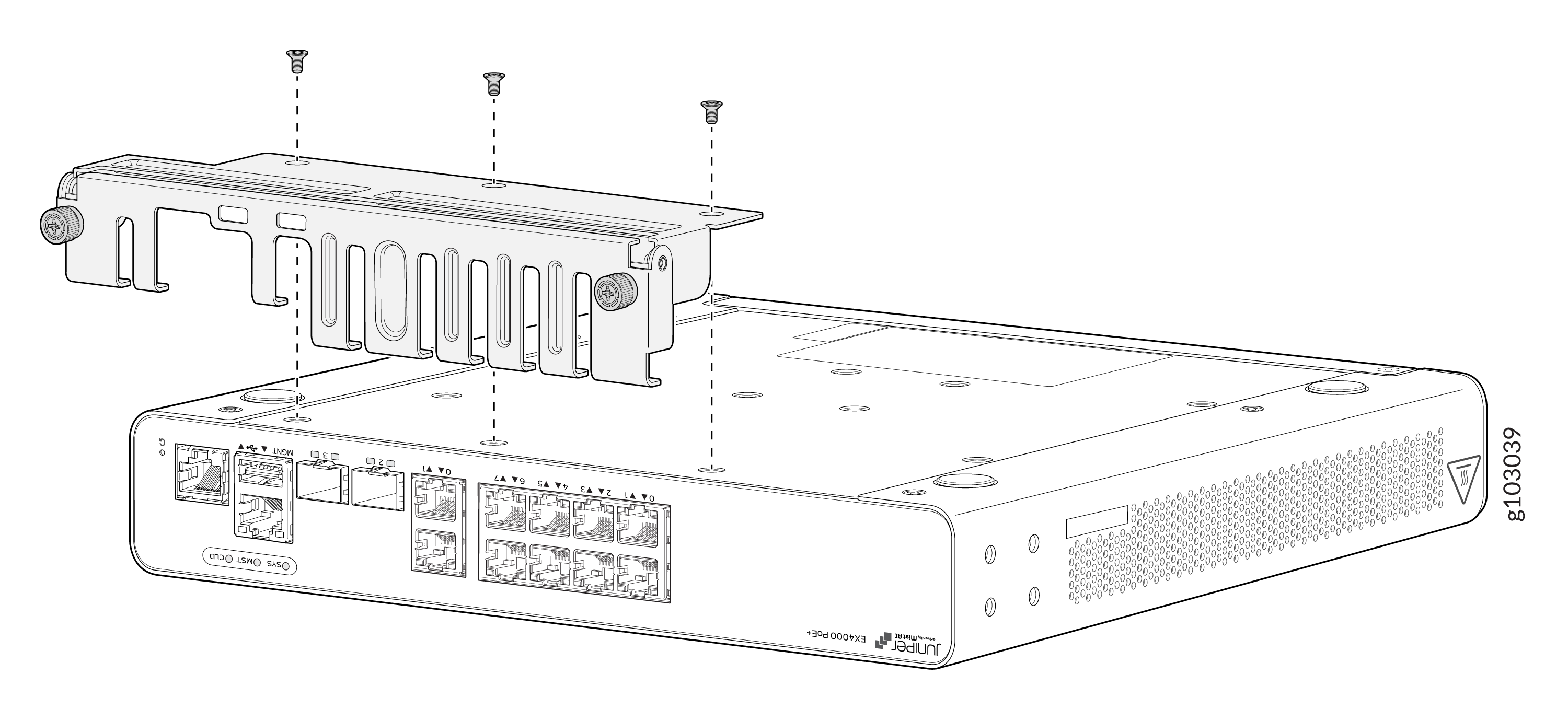Juniper Networks EX4100 switch with mounting bracket being attached using screws, showing front panel network ports.