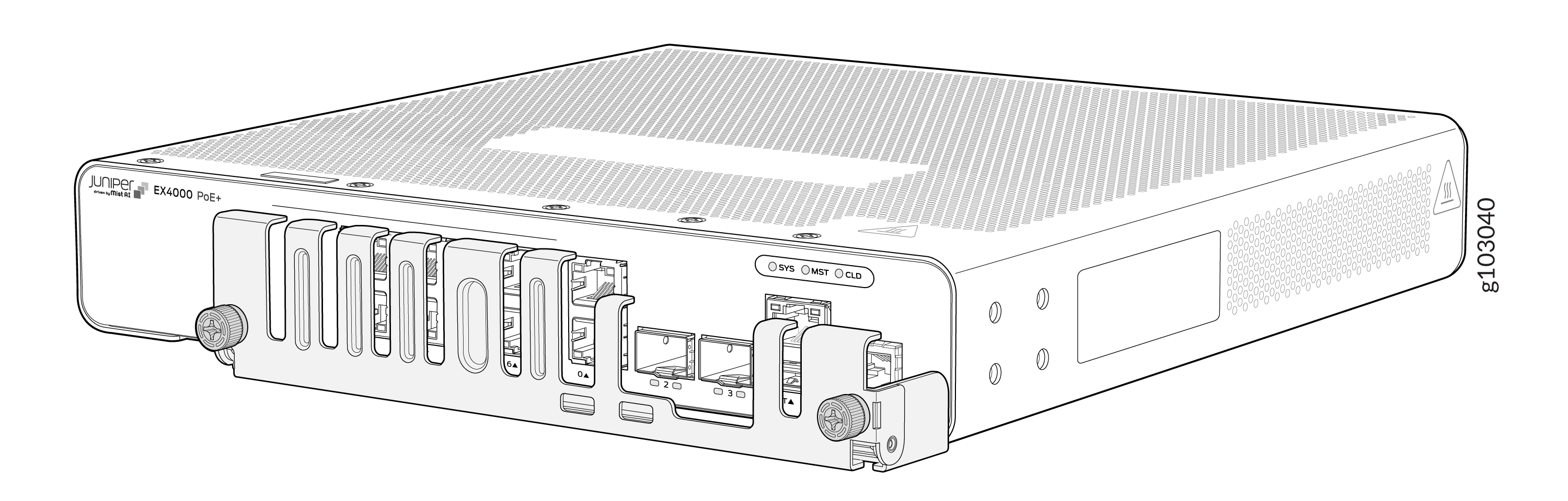 Juniper Networks EX4000 PoE Plus switch with Ethernet and SFP ports, mounting bracket, and cooling vents.