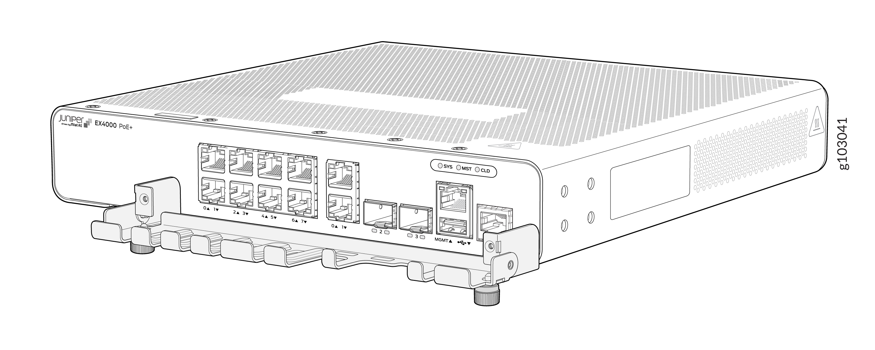 Juniper Networks EX4000 series PoE Plus switch with Ethernet ports and status indicators for LAN connectivity and device power.