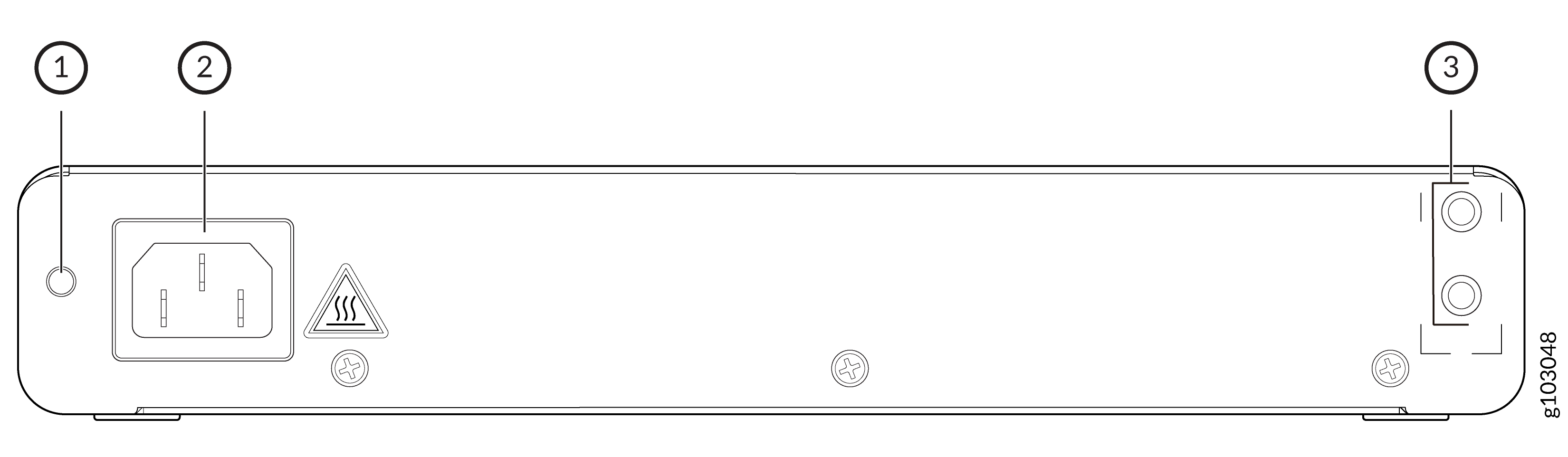 Diagram of a device back panel with power button, power input socket, two audio/video ports, and heat warning symbol.