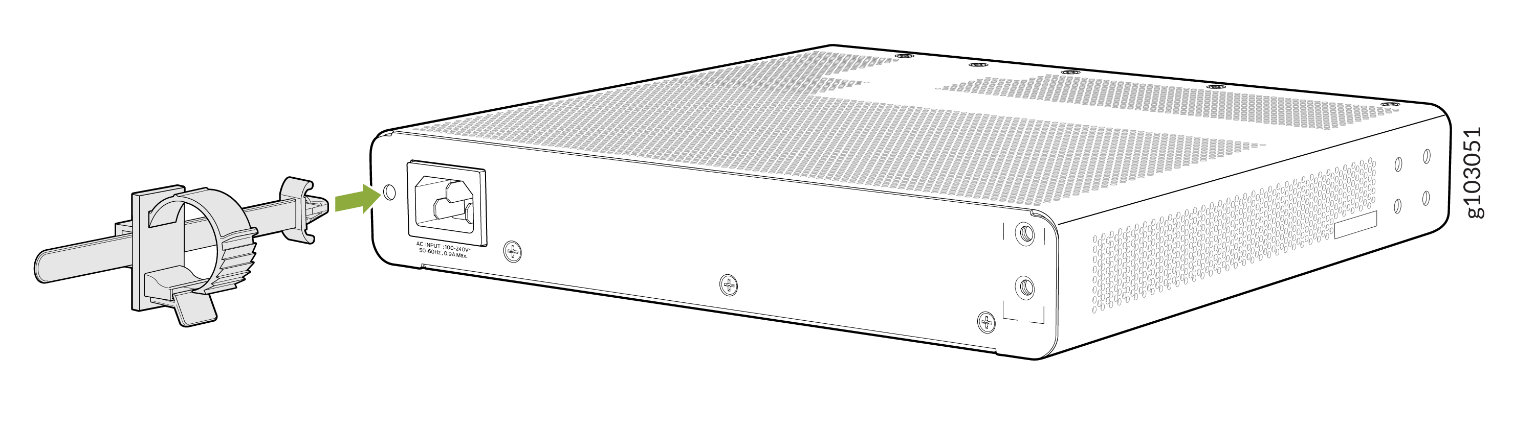 Line drawing of a network device with power input labeled AC INPUT: 100-240V~ 50-60Hz, 0.9A Max. Cable management clip shown with an arrow for attachment.