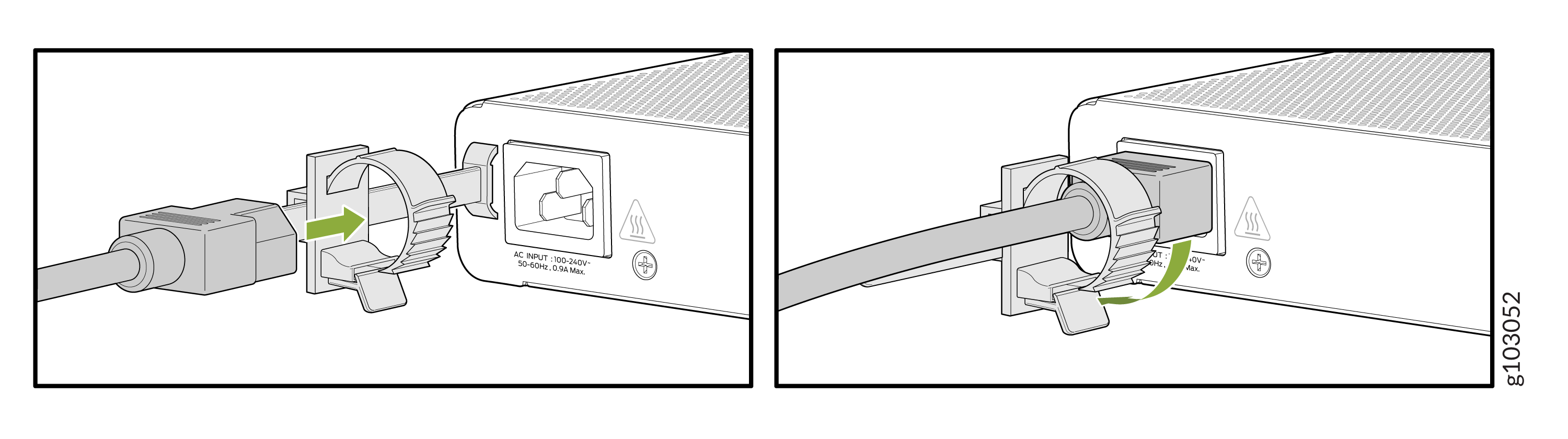 Connect the power cable to the device by aligning it with the socket and inserting it. Rotate the lock to secure. AC input: 100-240V 50-60Hz 0.9A Max.