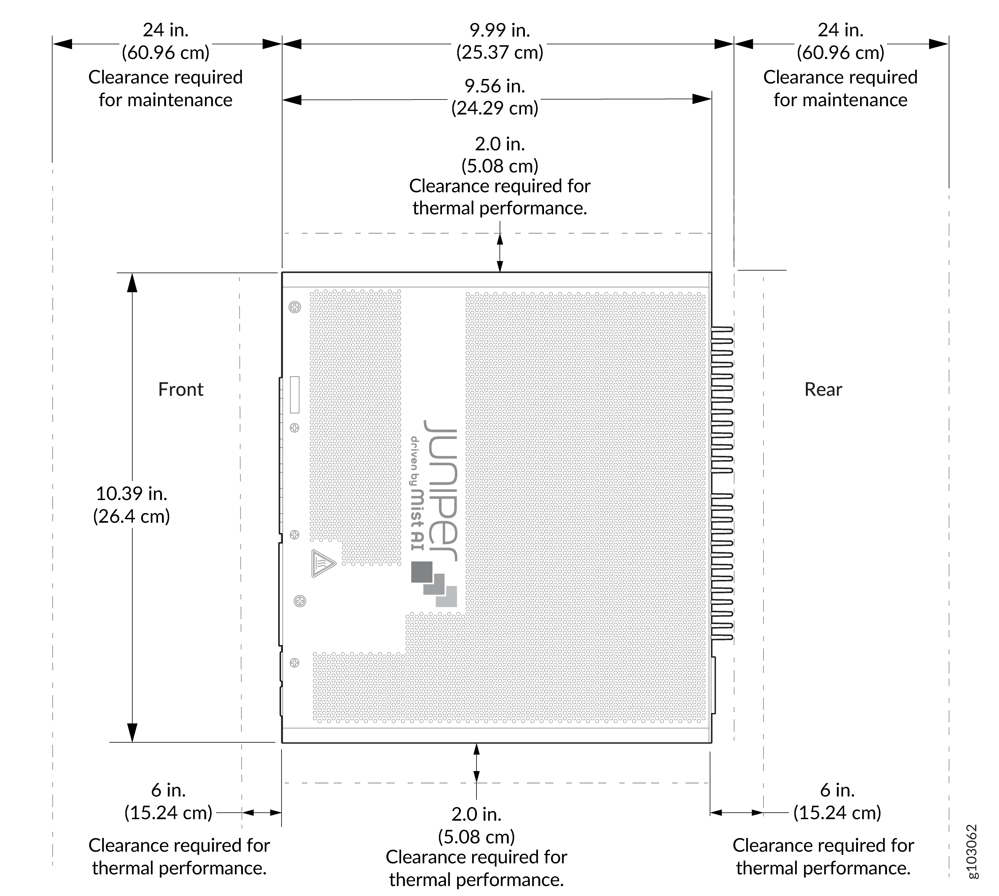 Technical diagram of Juniper Networks device driven by Mist AI showing dimensions: height 10.39 inches, width 9.99 inches, depth 9.56 inches. Clearance: 24 inches front and rear, 6 inches sides, 2 inches above.