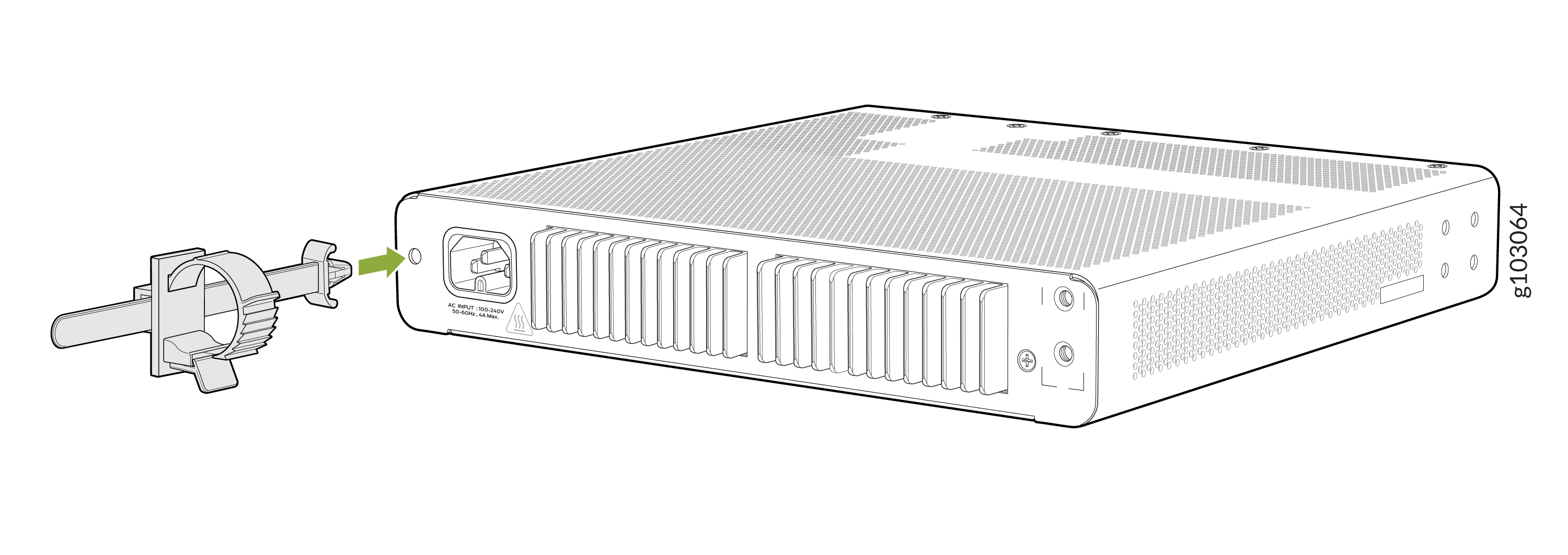 Device illustration showing a network switch with a power input port and a power cable with a locking mechanism, indicated by a green arrow. The device has ventilation slots and is labeled with AC INPUT: 100-240V, 50-60Hz, 4A Max.