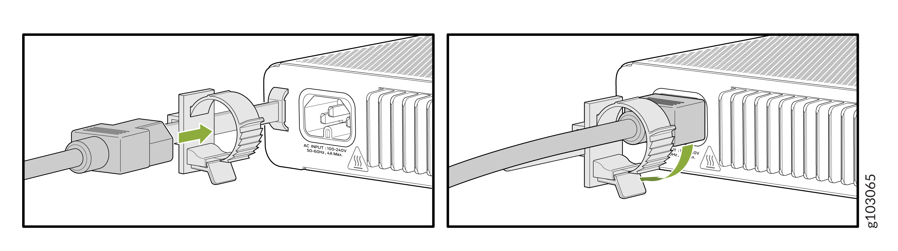 Connecting a power cable to a device showing alignment and insertion with clip secured. Device AC input 100-240V 50-60Hz 4A Max.