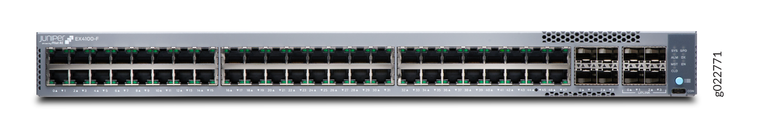 Juniper Networks EX4100-F Ethernet Switch with 48 Ethernet ports and 4 uplink ports for enterprise networks.