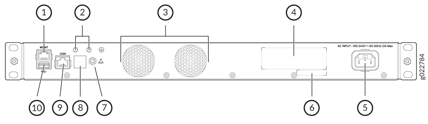 Rear panel of network device showing management and console ports, cooling fans, expansion slot, power input, grounding point, warning symbol, reset button, USB port, and LED indicators.