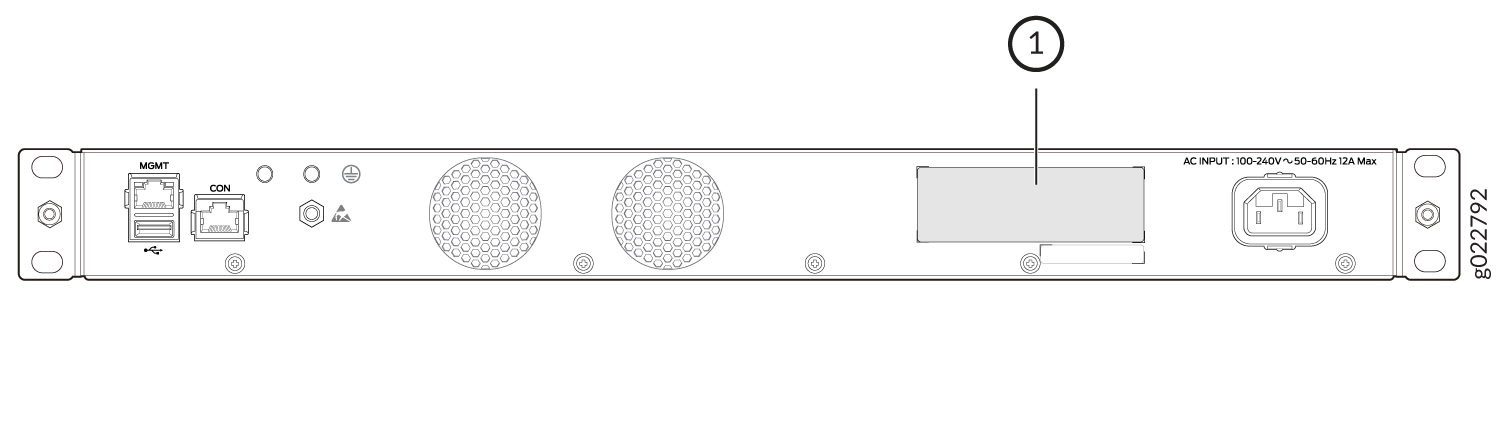 Rear view of a rack-mounted network device with MGMT, CON, and USB ports, cooling fans, AC power input, expansion slot, and rack mounting brackets.