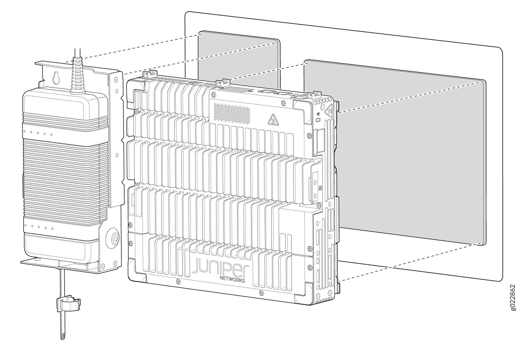 Exploded view of a Juniper Networks outdoor networking device showing components like a mounting bracket, main unit with heat fins, and protective panel.