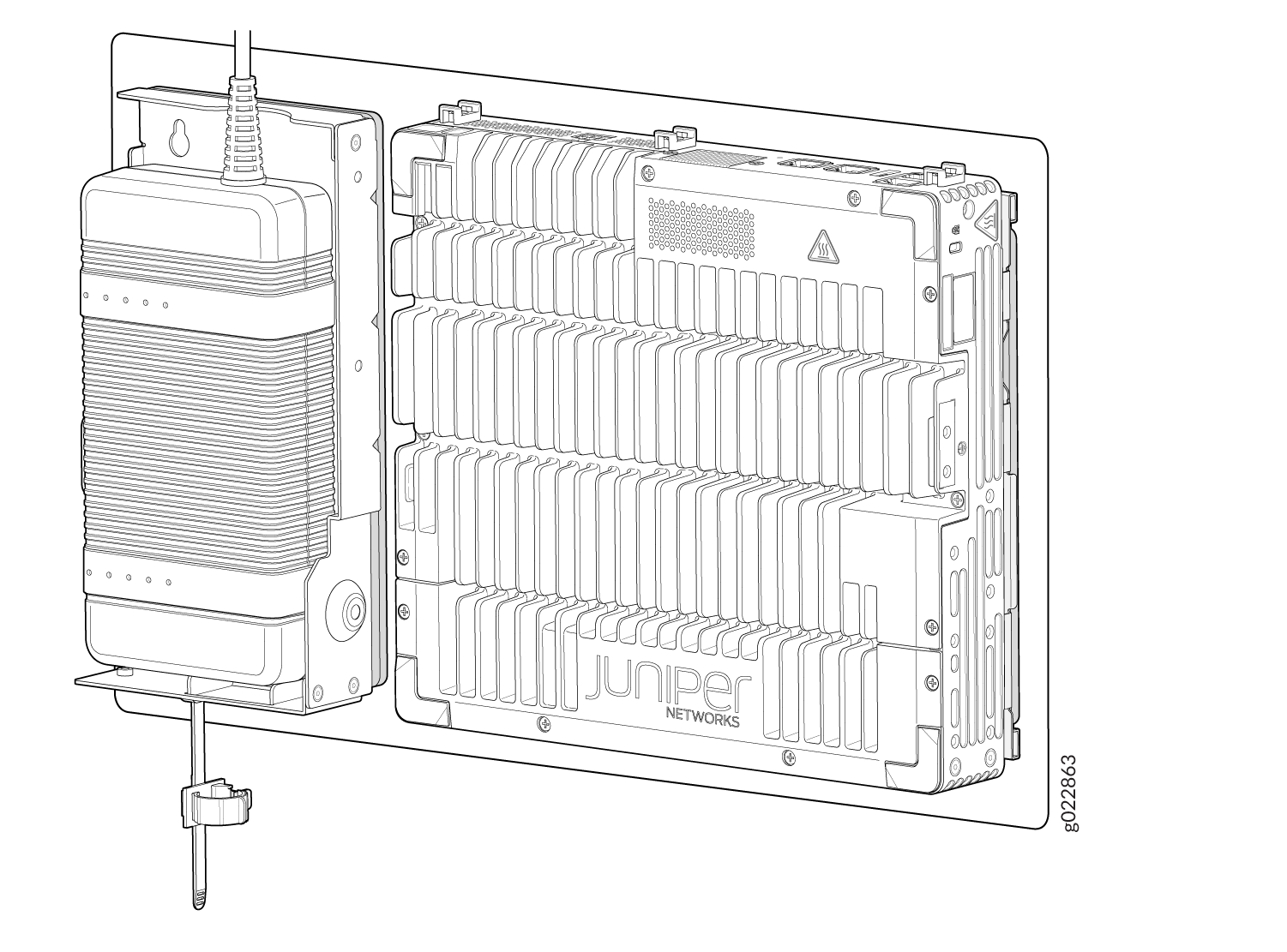 Technical illustration of Juniper Networks modular hardware unit with heat sinks and attached component.