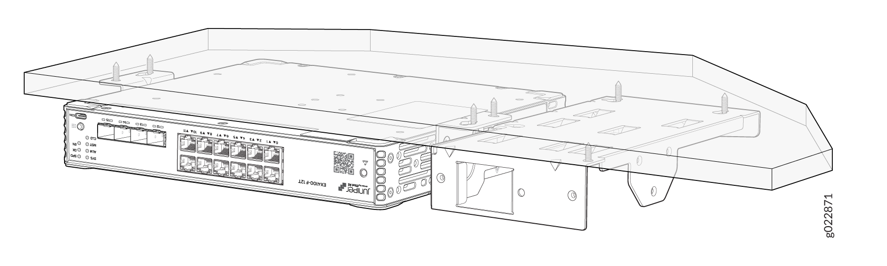 Juniper Networks EX4100-F-12T switch mounted with hardware and screws; features Ethernet ports, status indicators, and QR code.