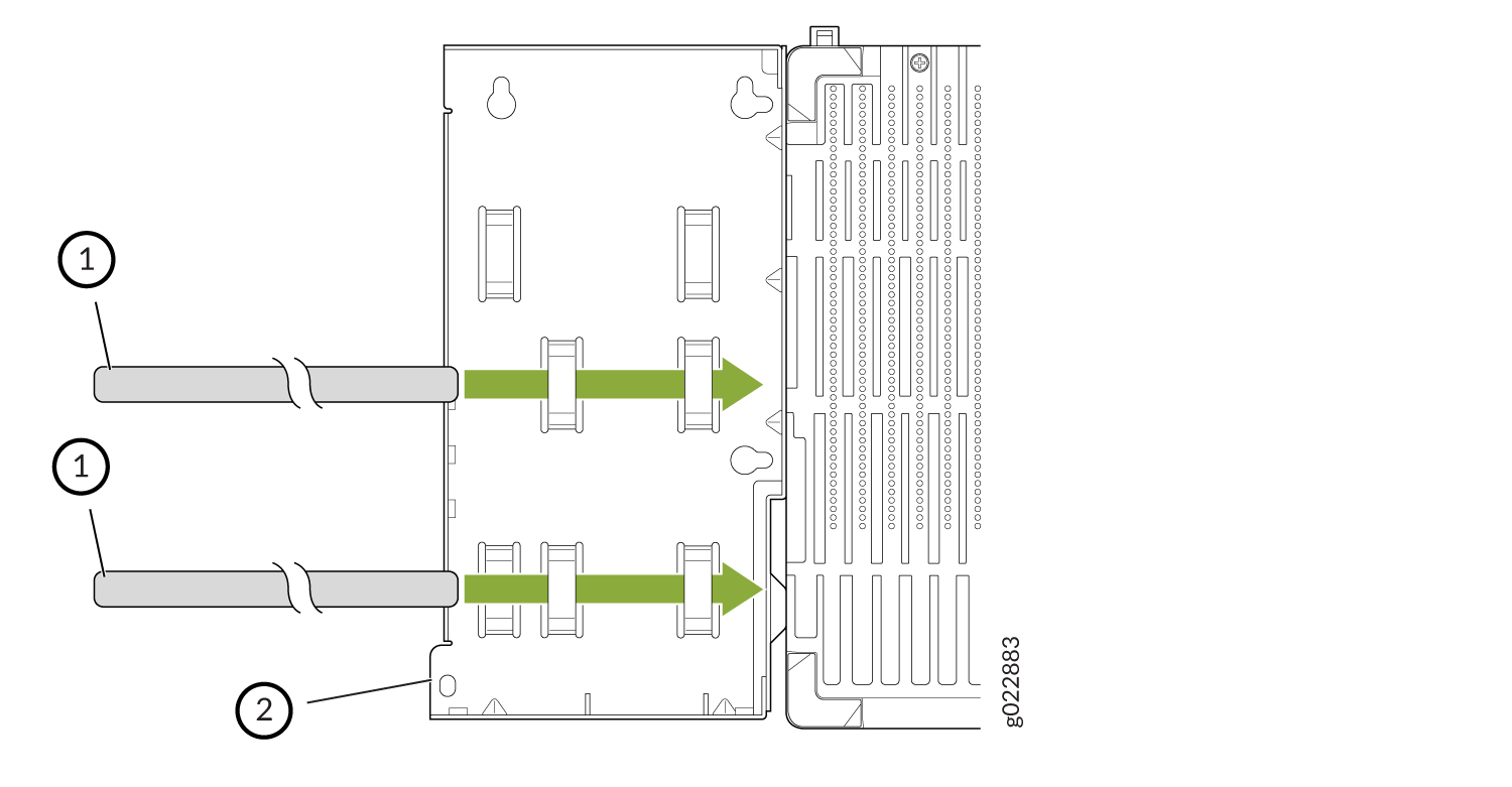 Diagram showing cable installation on a computer component with green arrows indicating cable insertion direction into numbered ports.